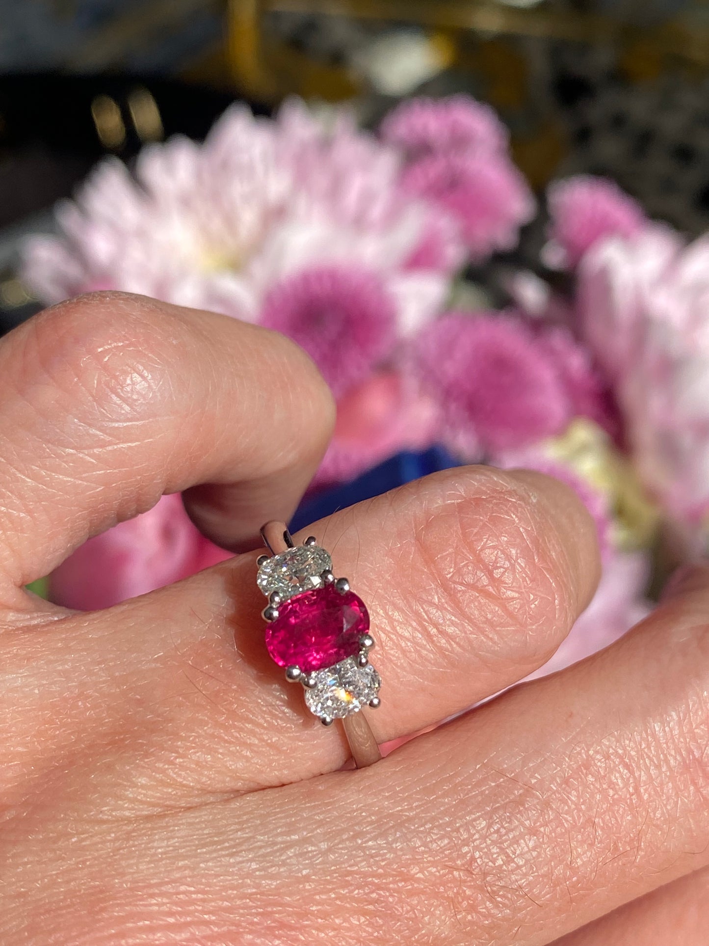 1.34 Carat Ruby and 0.66 Natural Diamond Three Stone Ring in Platinum