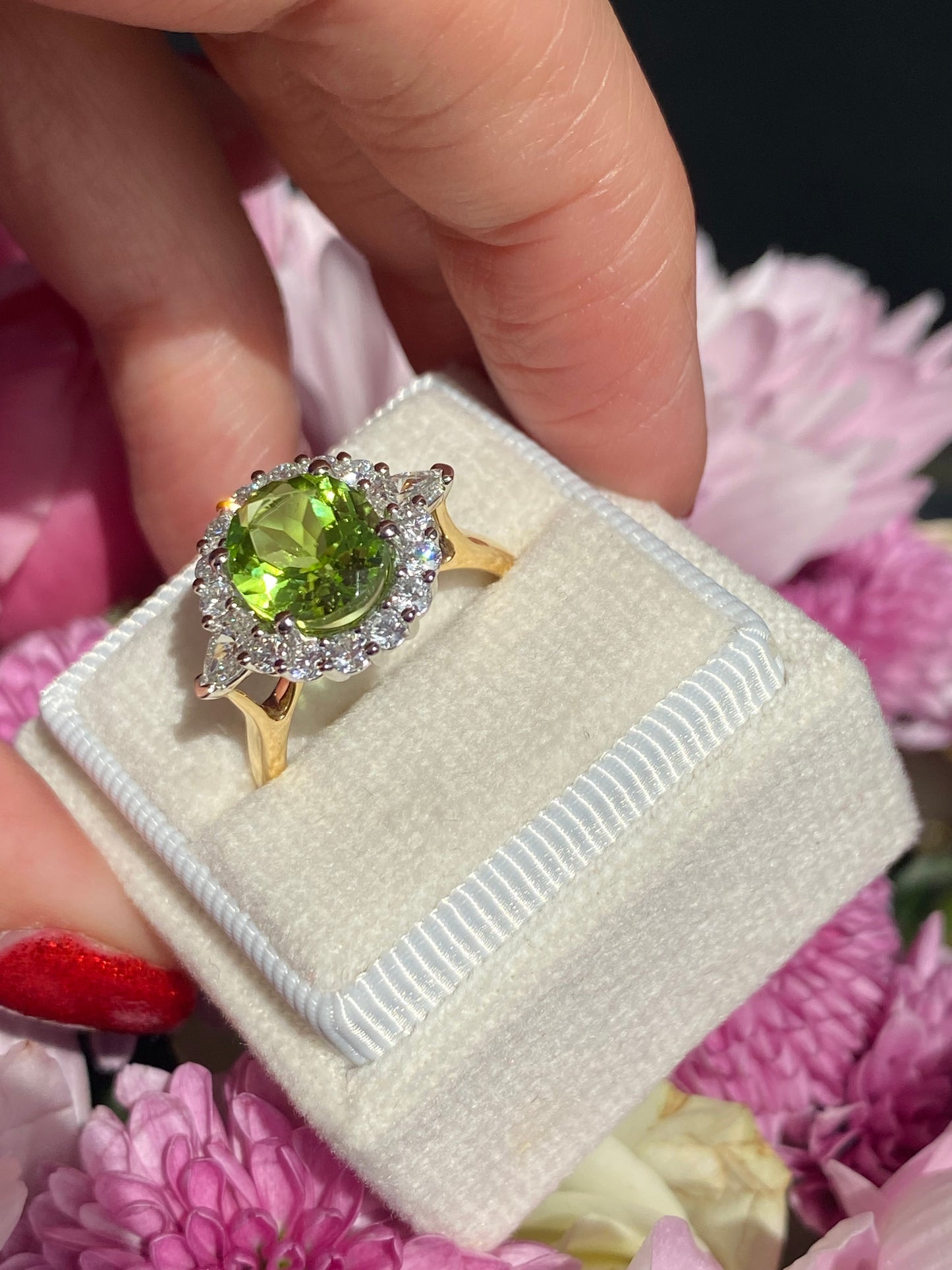 2.96 Carat Peridot and Natural Diamond Halo Ring in 18ct Yellow Gold