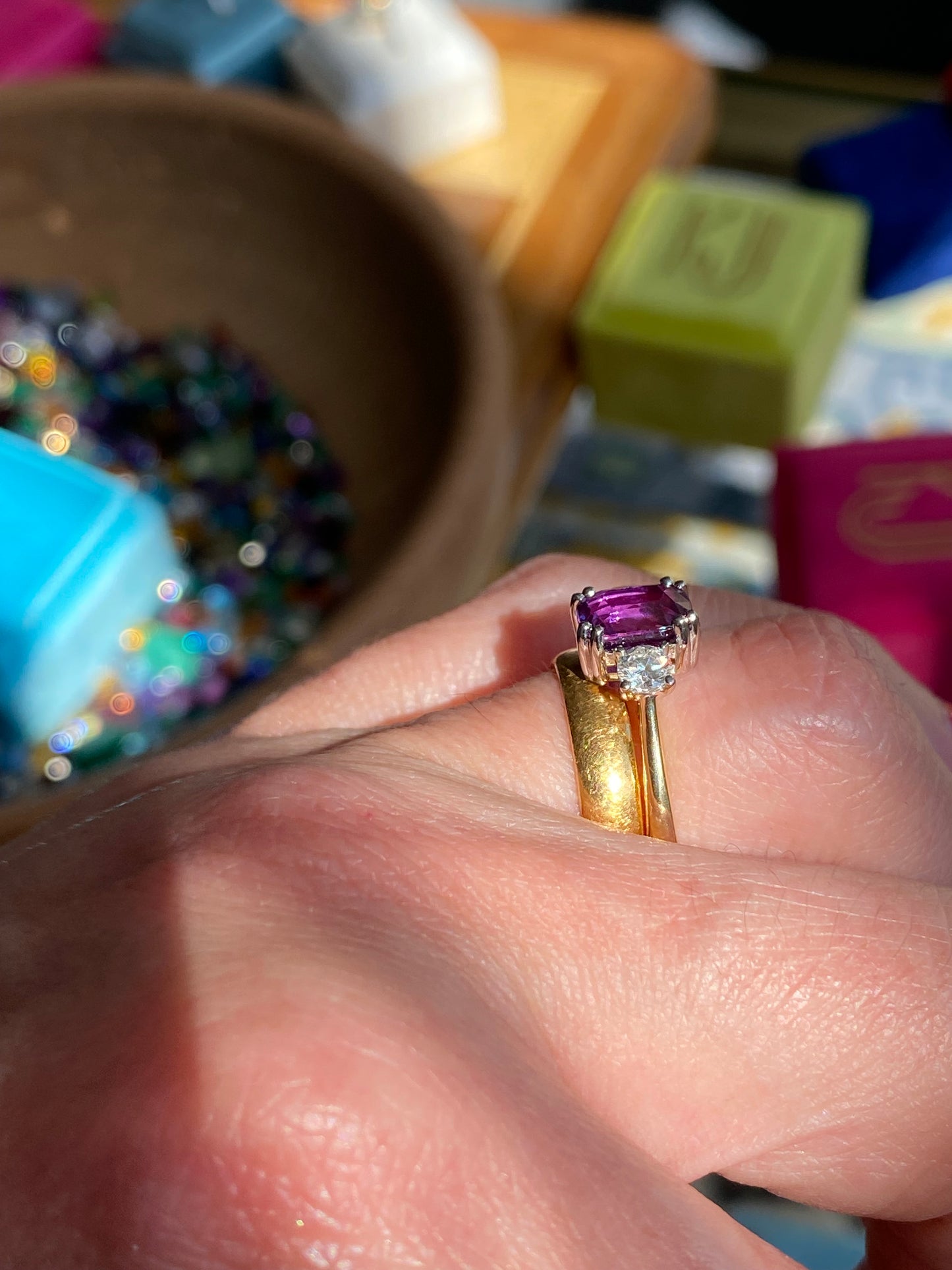 2.16 Carat Purple Sapphire and 0.38ctw Natural Diamond Three Stone Ring in Platinum and 18ct Gold