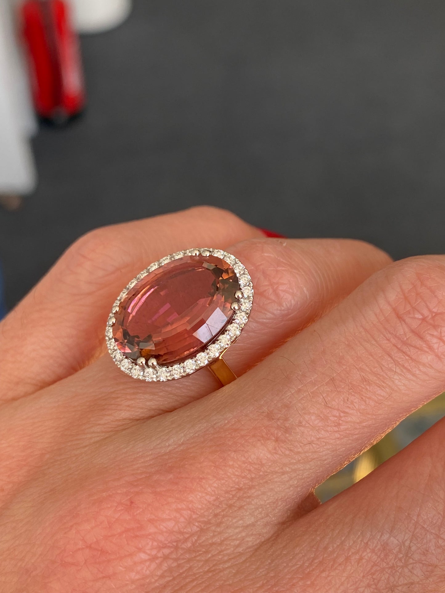 11.48 Carat Pink Tourmaline and Natural Diamond Ring in Platinum and 18ct Yellow Gold