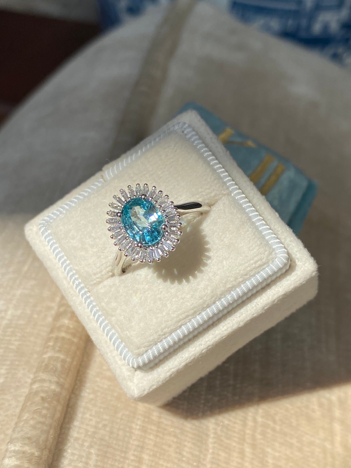 1.70 Carat Blue Zircon and Natural Diamond Starburst Halo Ring in Platinum