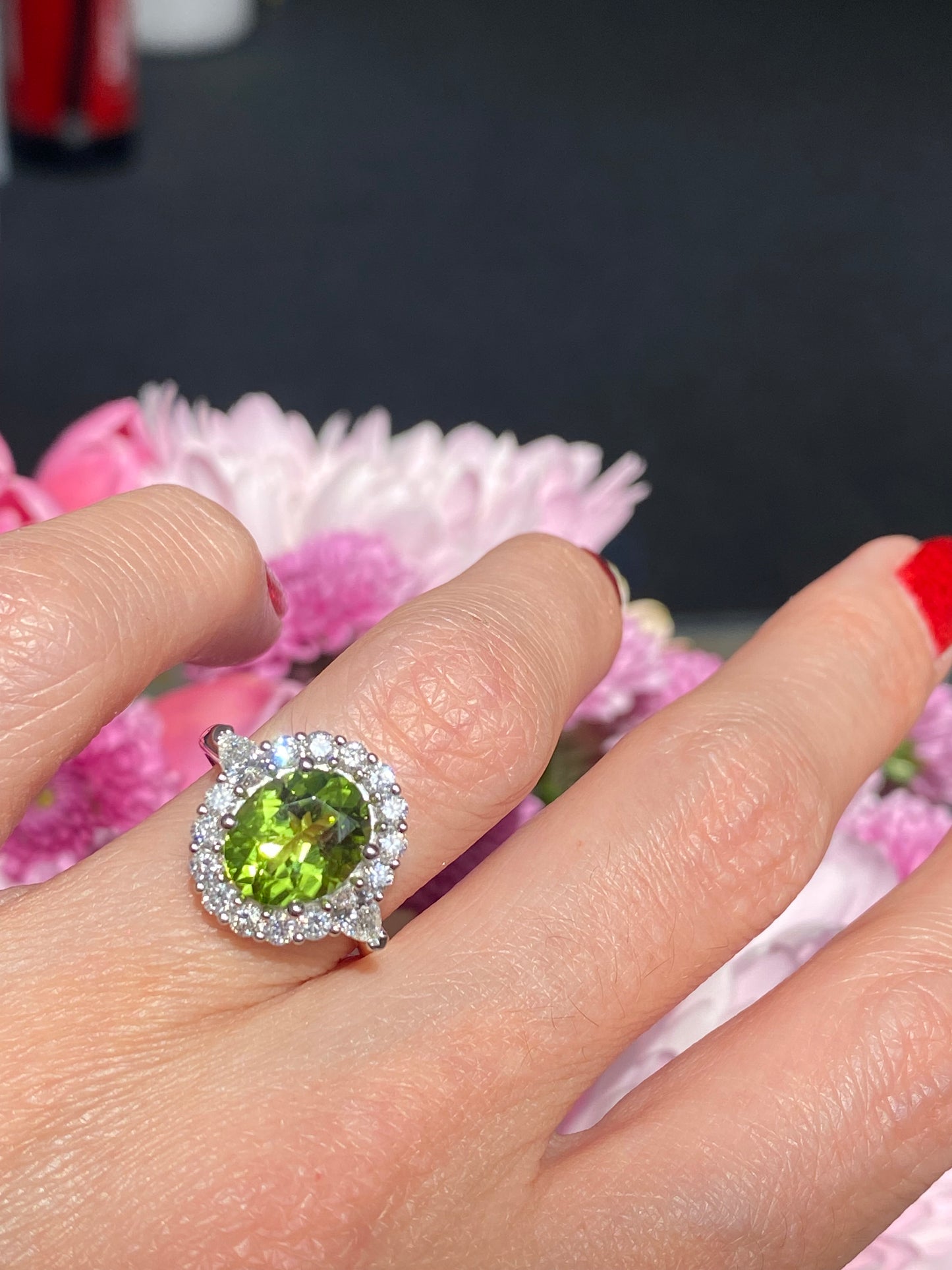 2.96 Carat Peridot and Natural Diamond Halo Ring in 18ct Yellow Gold
