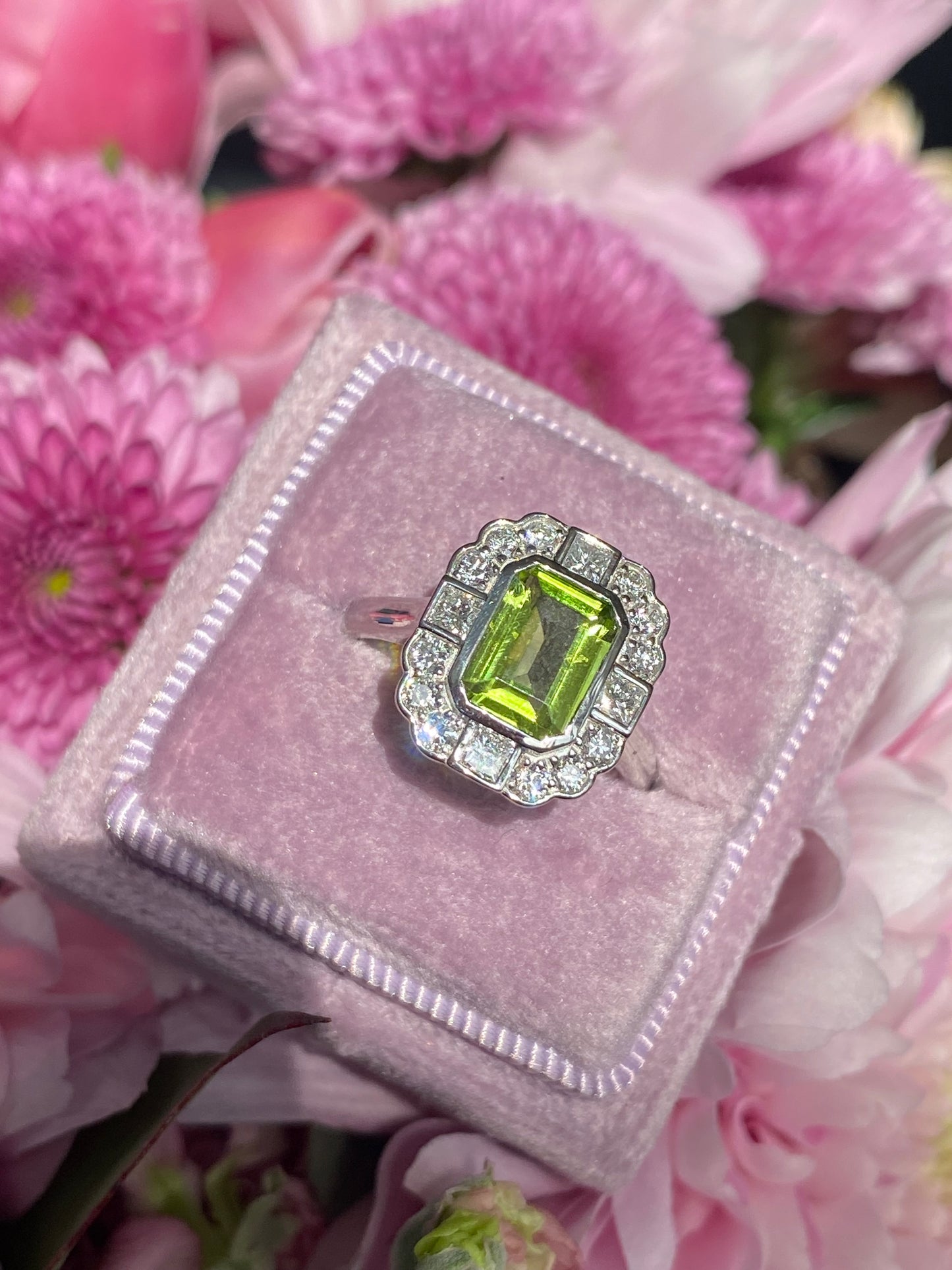 1.32 Carat Peridot and Natural Diamond Ring in Platinum