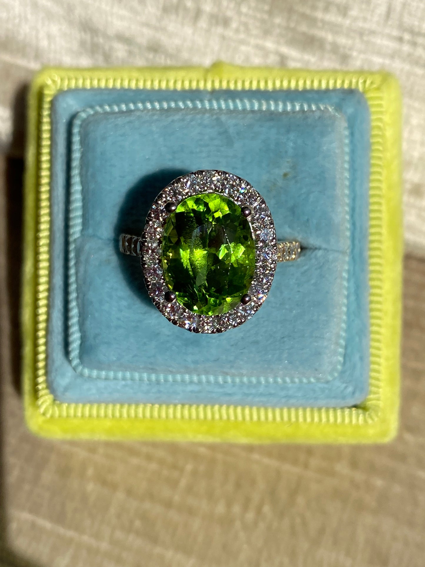 5.22 Carat Peridot and 0.97ctw Natural Diamond Ring in Platinum and 18ct Yellow Gold