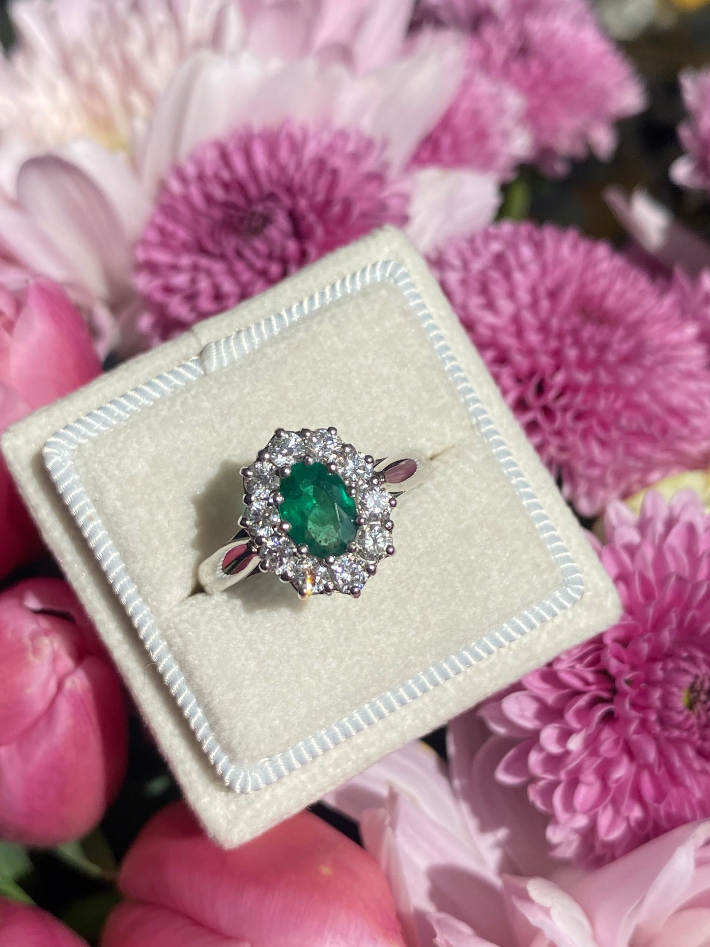 0.60 Carat Emerald and 0.66 ctw Natural Diamond Halo Engagement Ring in Platinum