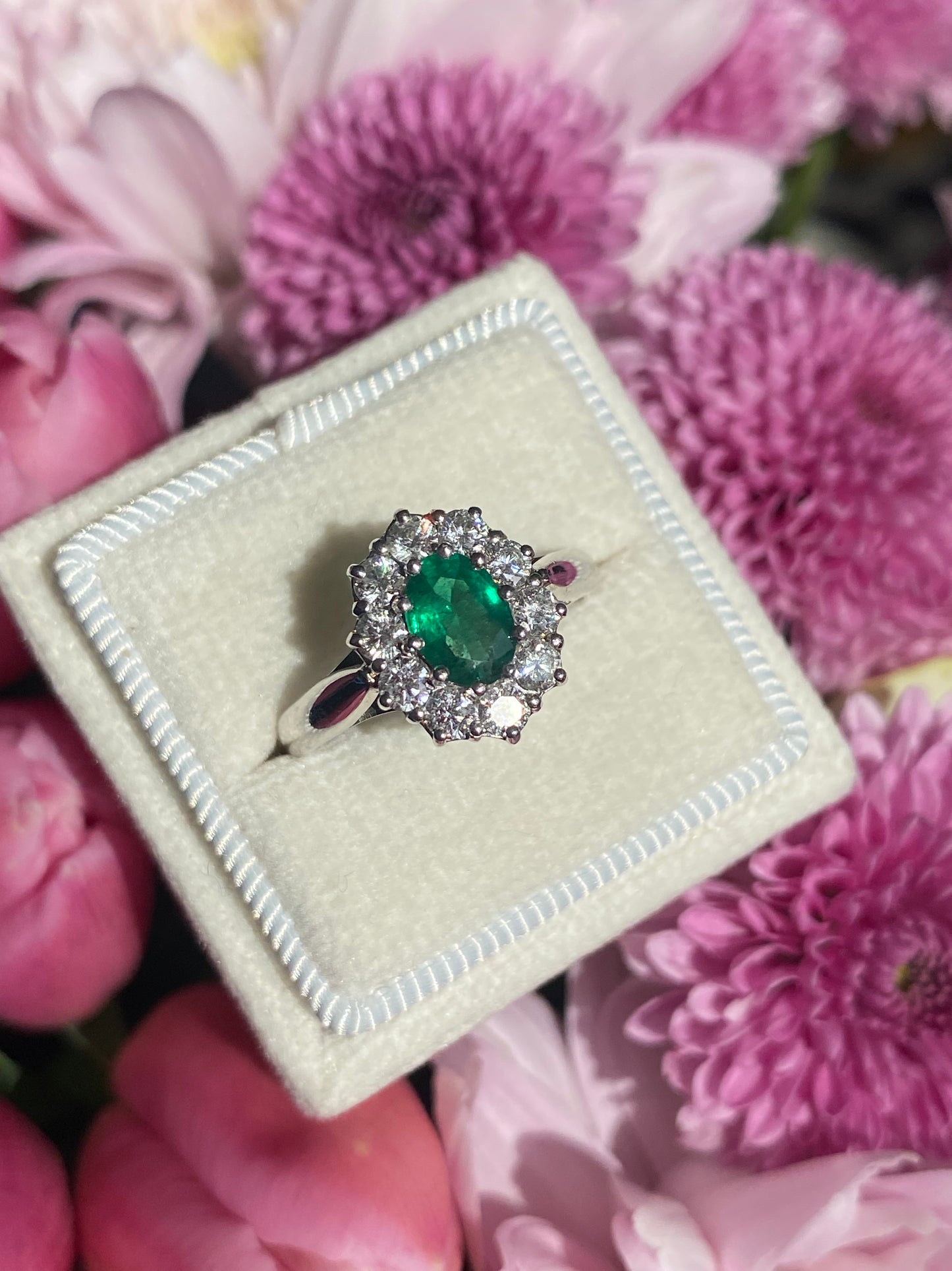 0.60 Carat Emerald and 0.66 ctw Natural Diamond Halo Engagement Ring in Platinum