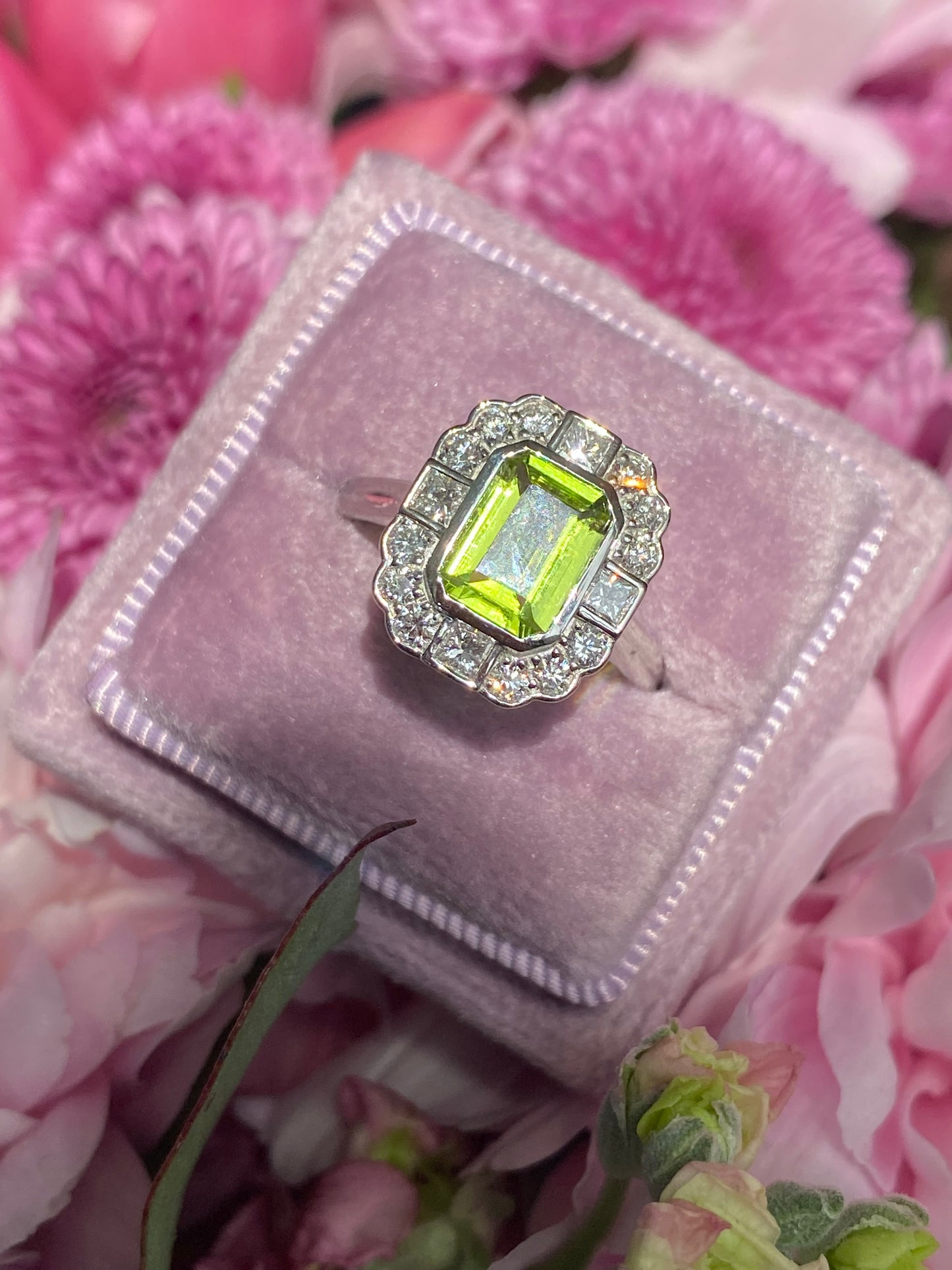 1.32 Carat Peridot and Natural Diamond Ring in Platinum