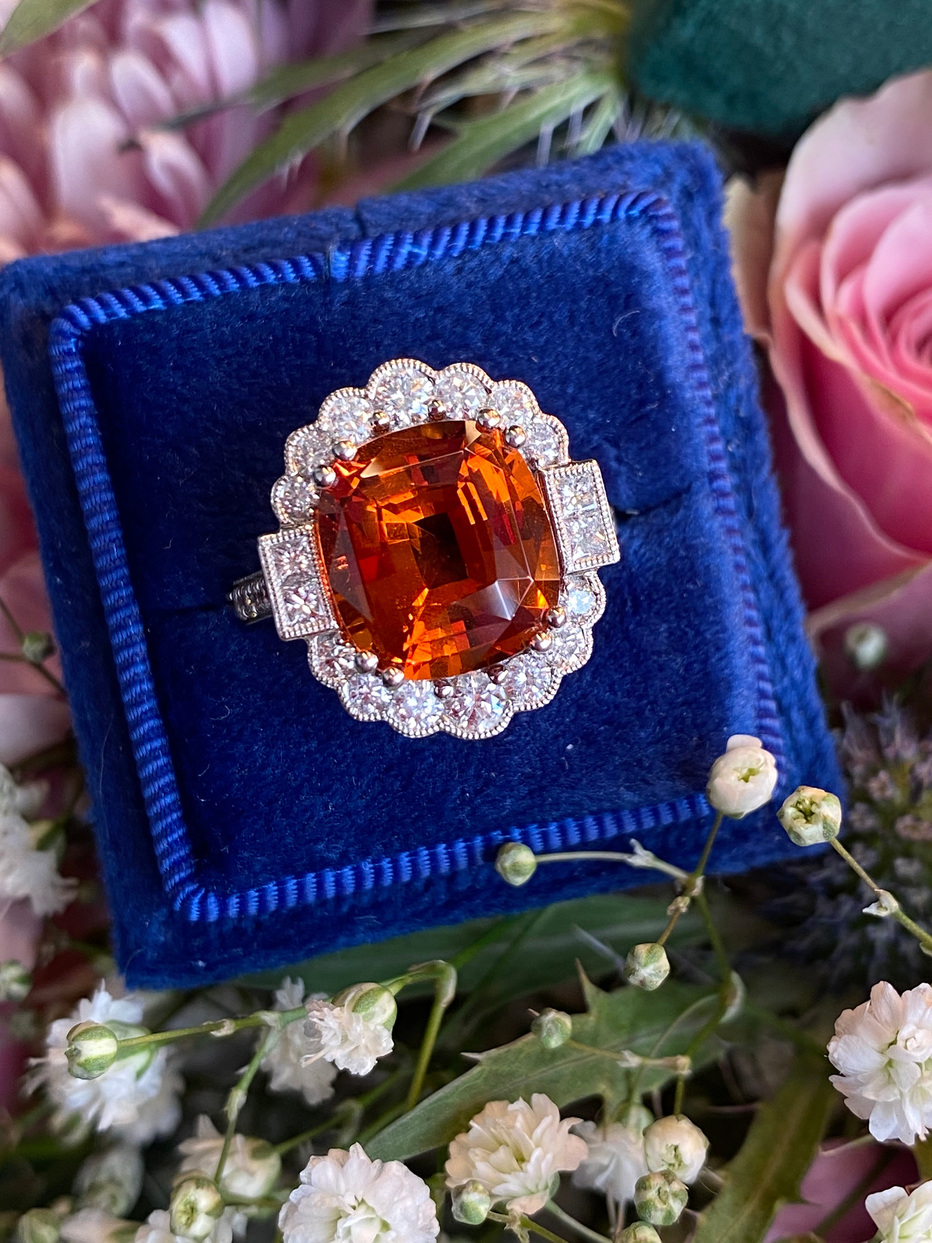5.95 Carat Hessonite Garnet and 1.03ctw Natural Diamond Ring in Platinum