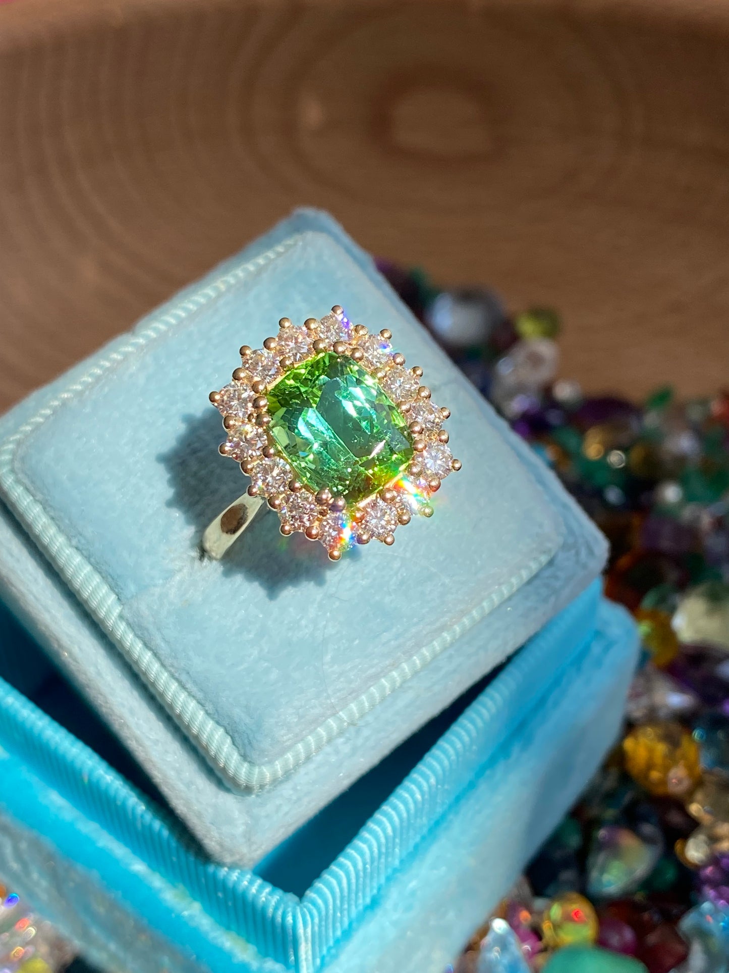 3.02 Carat Green Tourmaline and Natural Diamond Ring in 18ct Yellow Gold