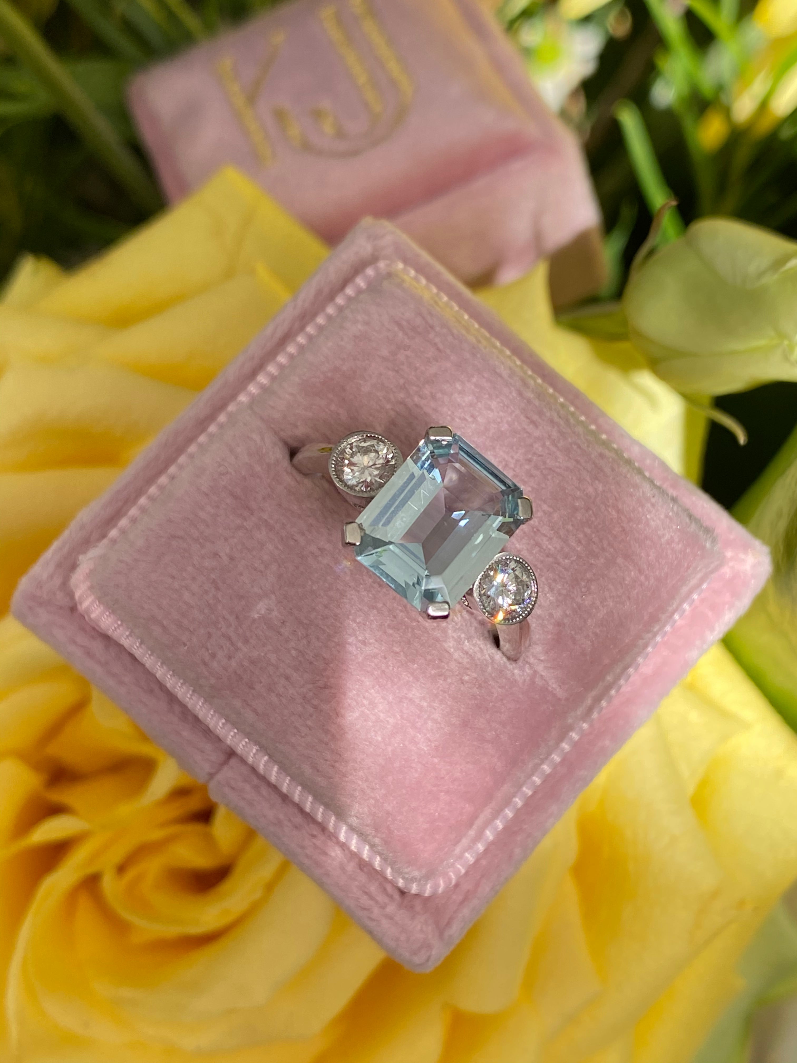 2.75 Carat Emerald Cut Aquamarine and Diamond Three Stone Engagement Ring in Platinum