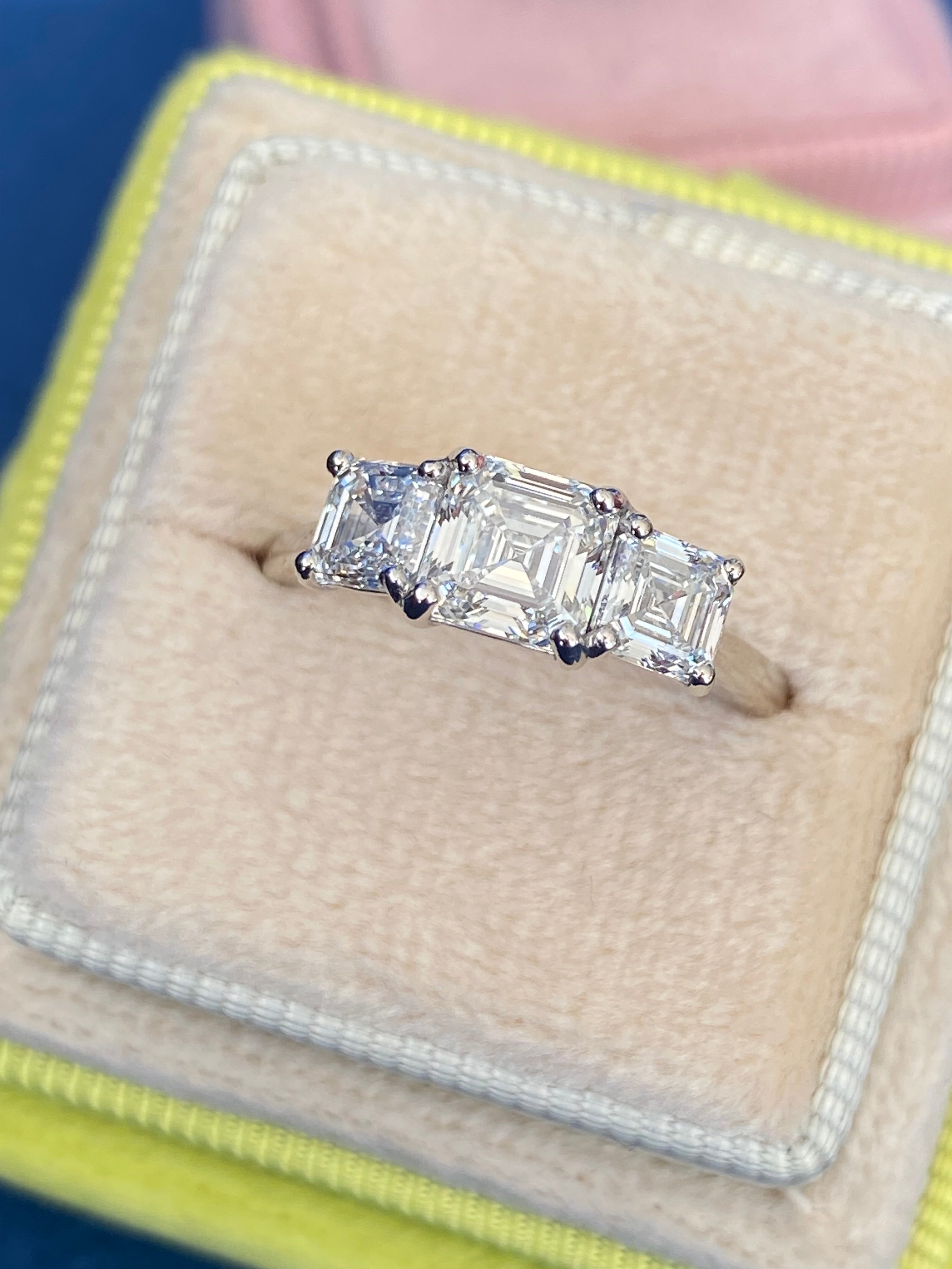 Heritage 2.00 CT + Asscher Cut Lab Grown Diamond Three Stone Trilogy Engagement Ring, at Least F Colour / VVS Clarity