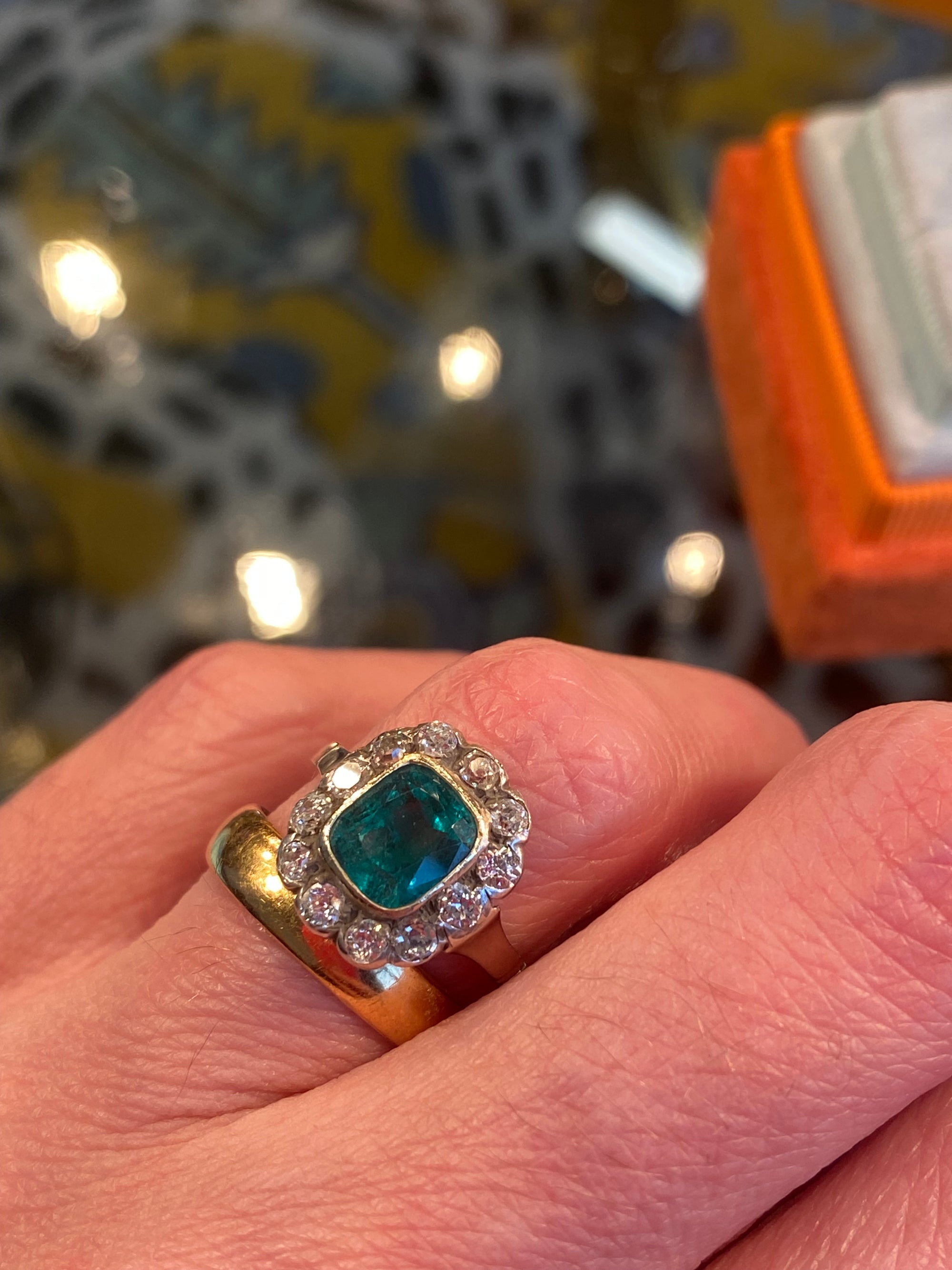 Antique Colombian Emerald and Old Cut Diamond Halo Ring in 18ct Yellow Gold