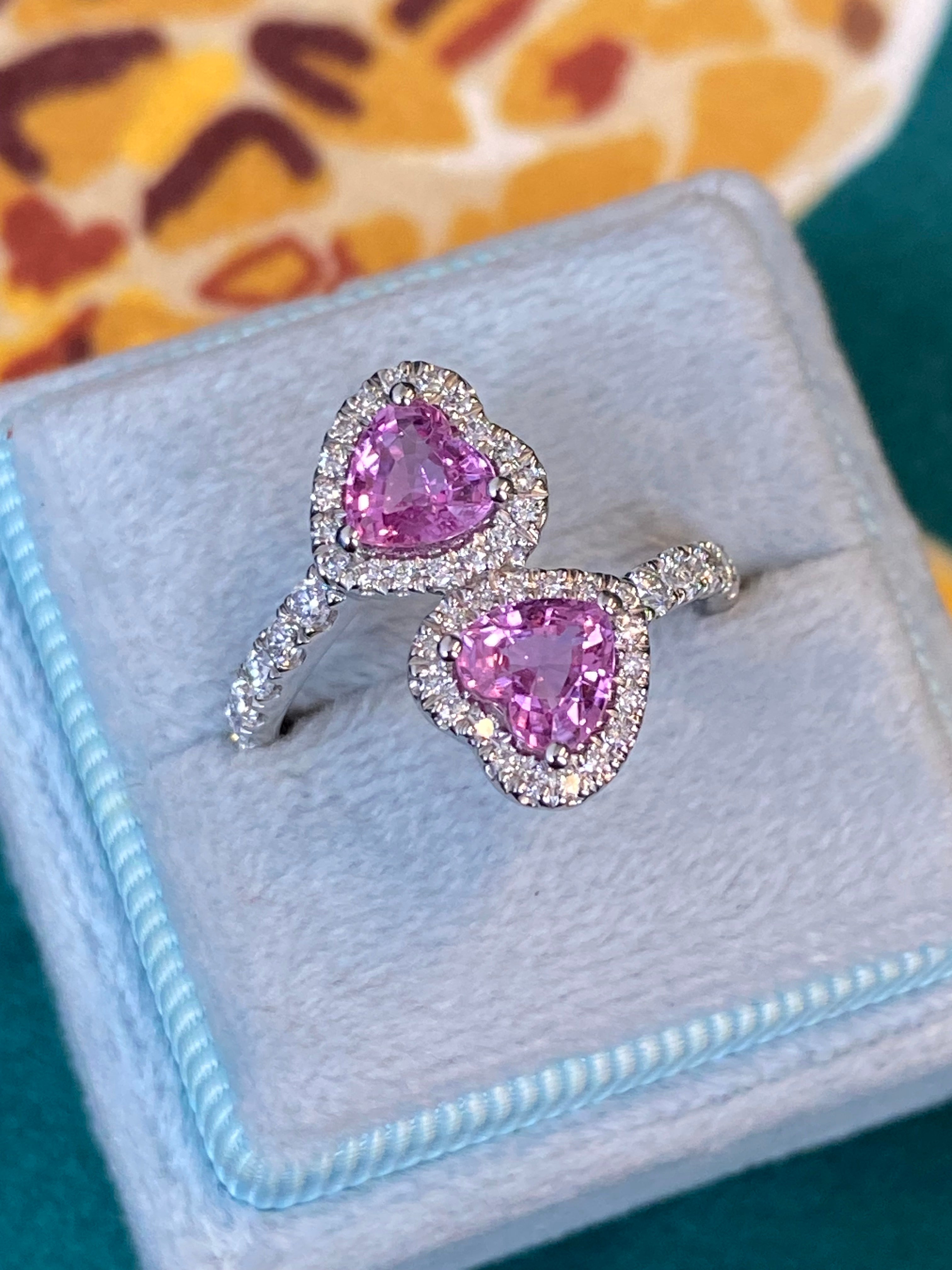 1.92 CTW Heart Shape Pink Sapphire and Natural Diamond Toi et Moi Ring in Platinum