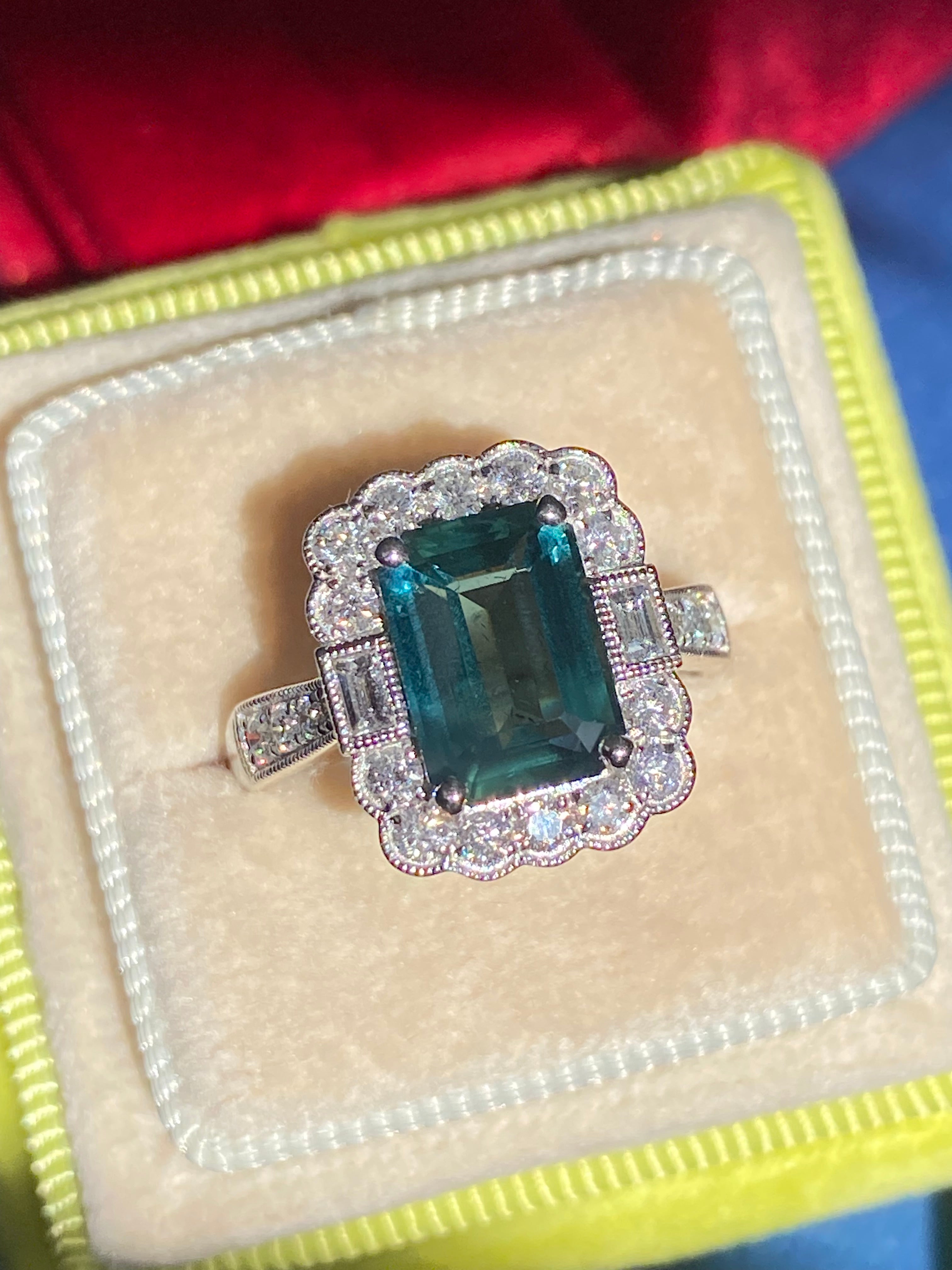 3.73 Carat Teal Sapphire and Natural Diamond Ring in Platinum