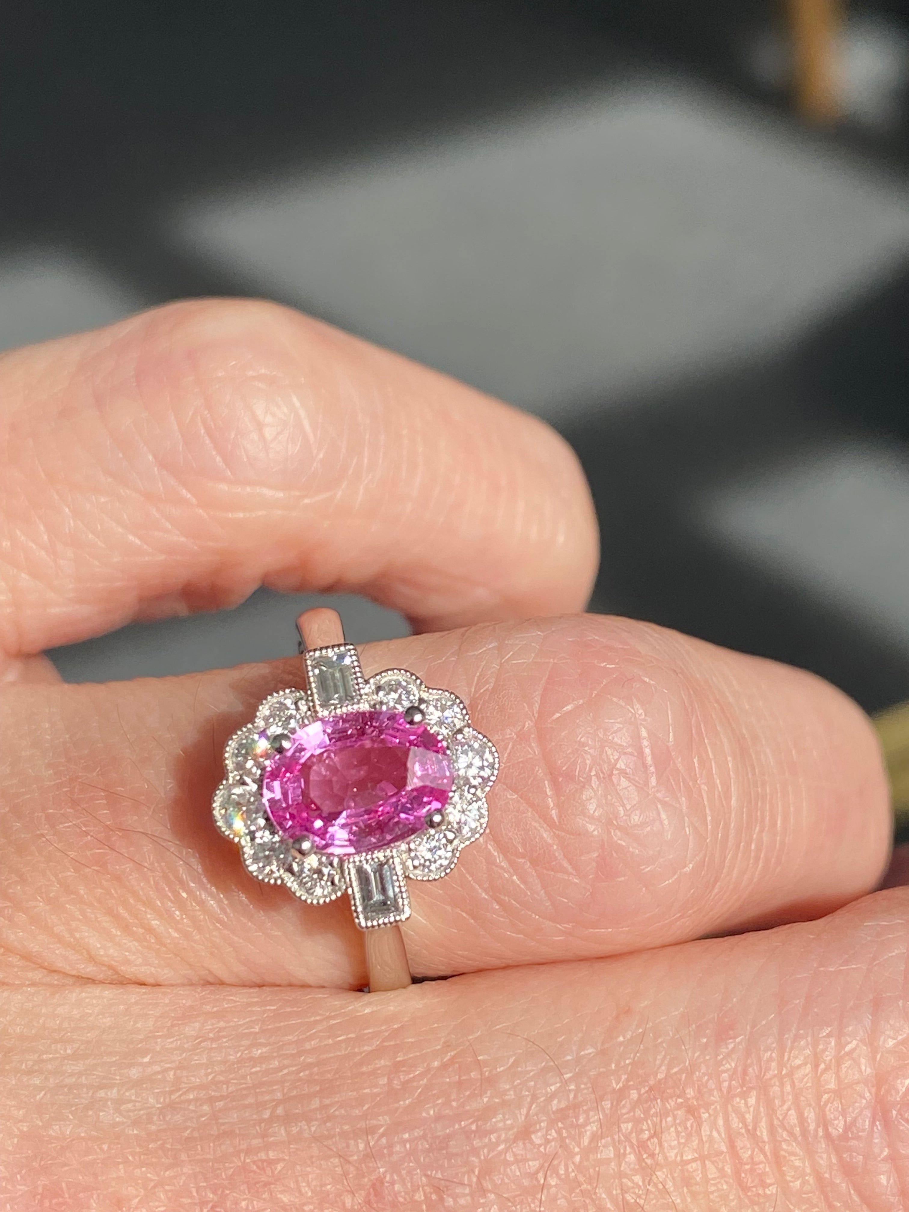 1.76 CTW Pink Sapphire and Diamond Art Deco Style Ring in Platinum