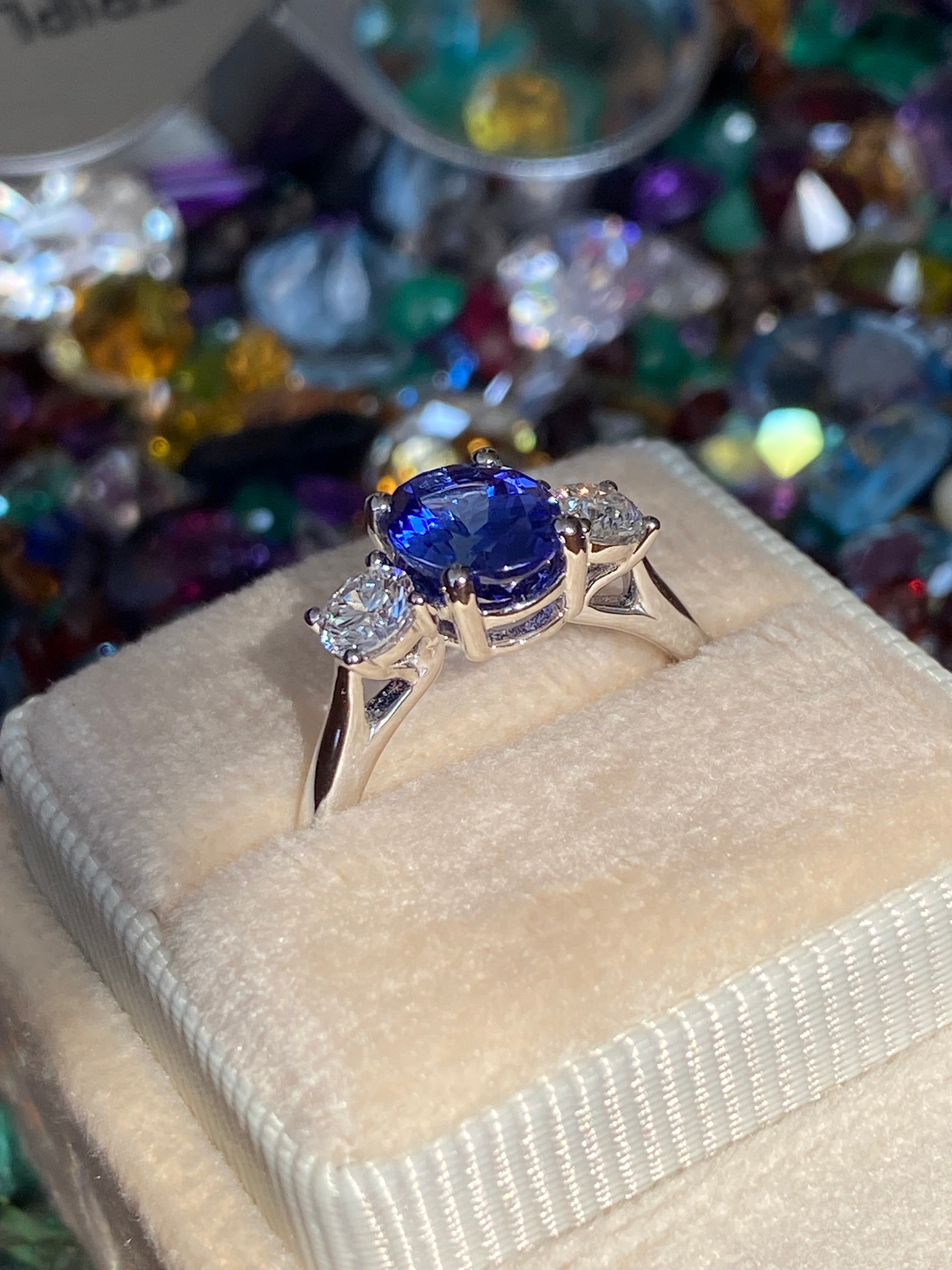 2.08 CTW Tanzanite and Natural Diamond Three Stone Ring in Platinum