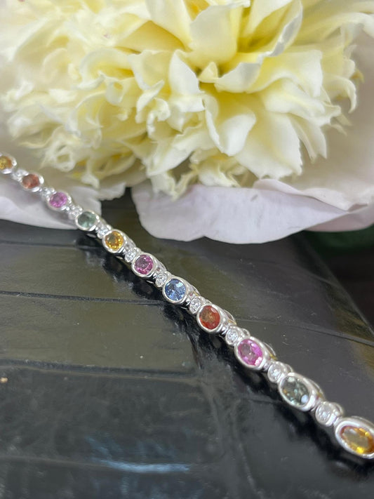Sensational Multi Colour Sapphire and Natural Diamond Bracelet in 18ct White Gold