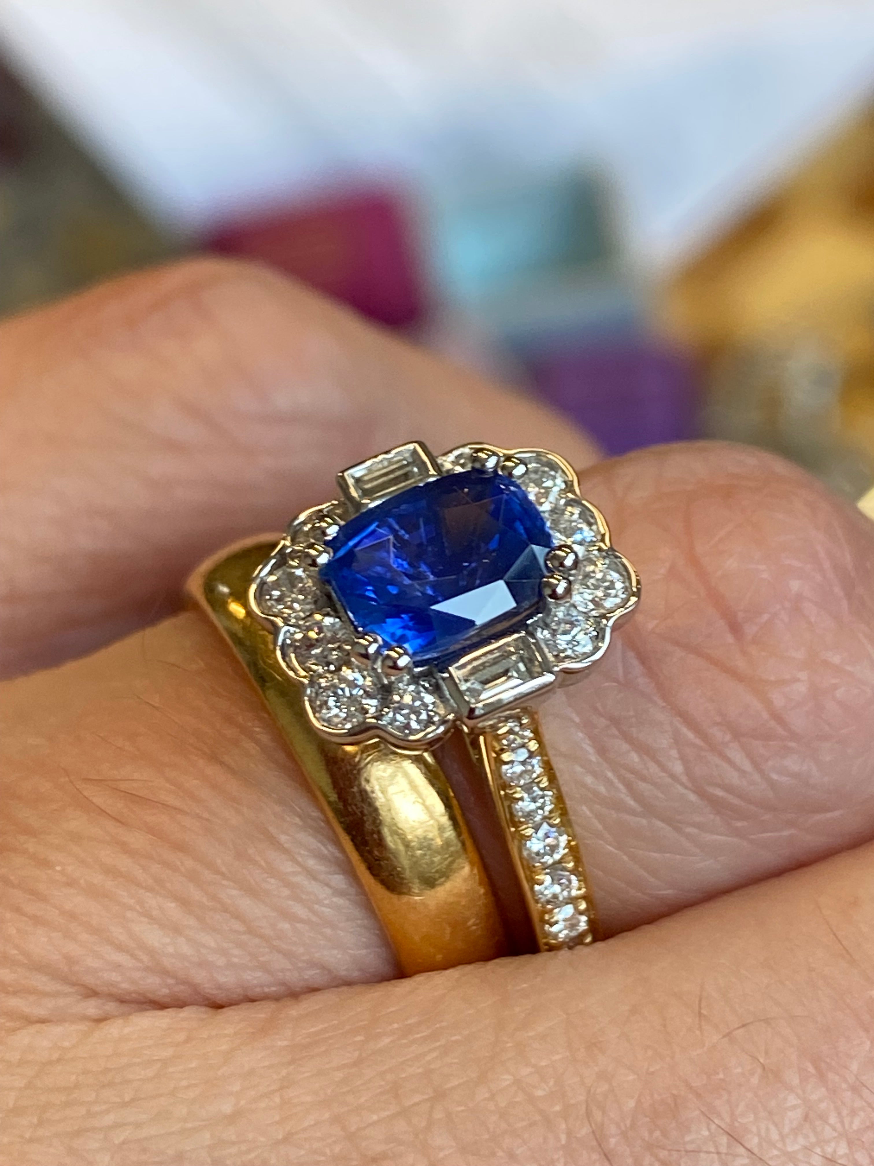 2.11 CTW Cushion Cut Ceylon Sapphire and Natural Diamond Ring in 18ct Yellow Gold