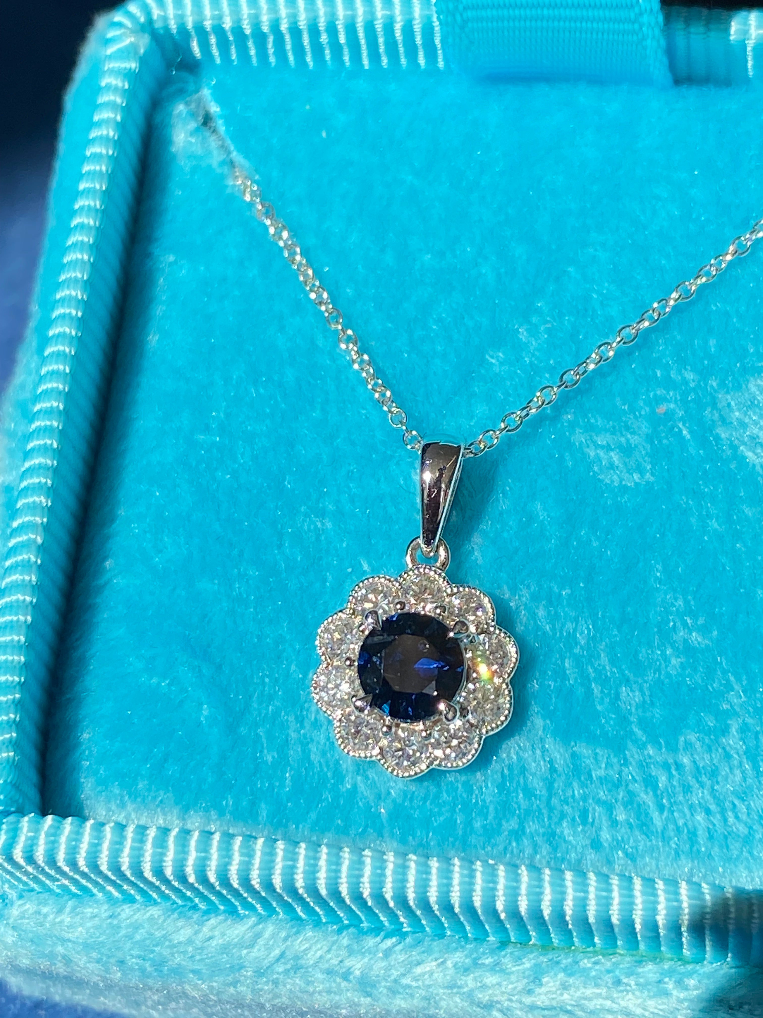 0.86 CTW Sapphire and Natural Diamond Pendant Necklace in 18ct White Gold