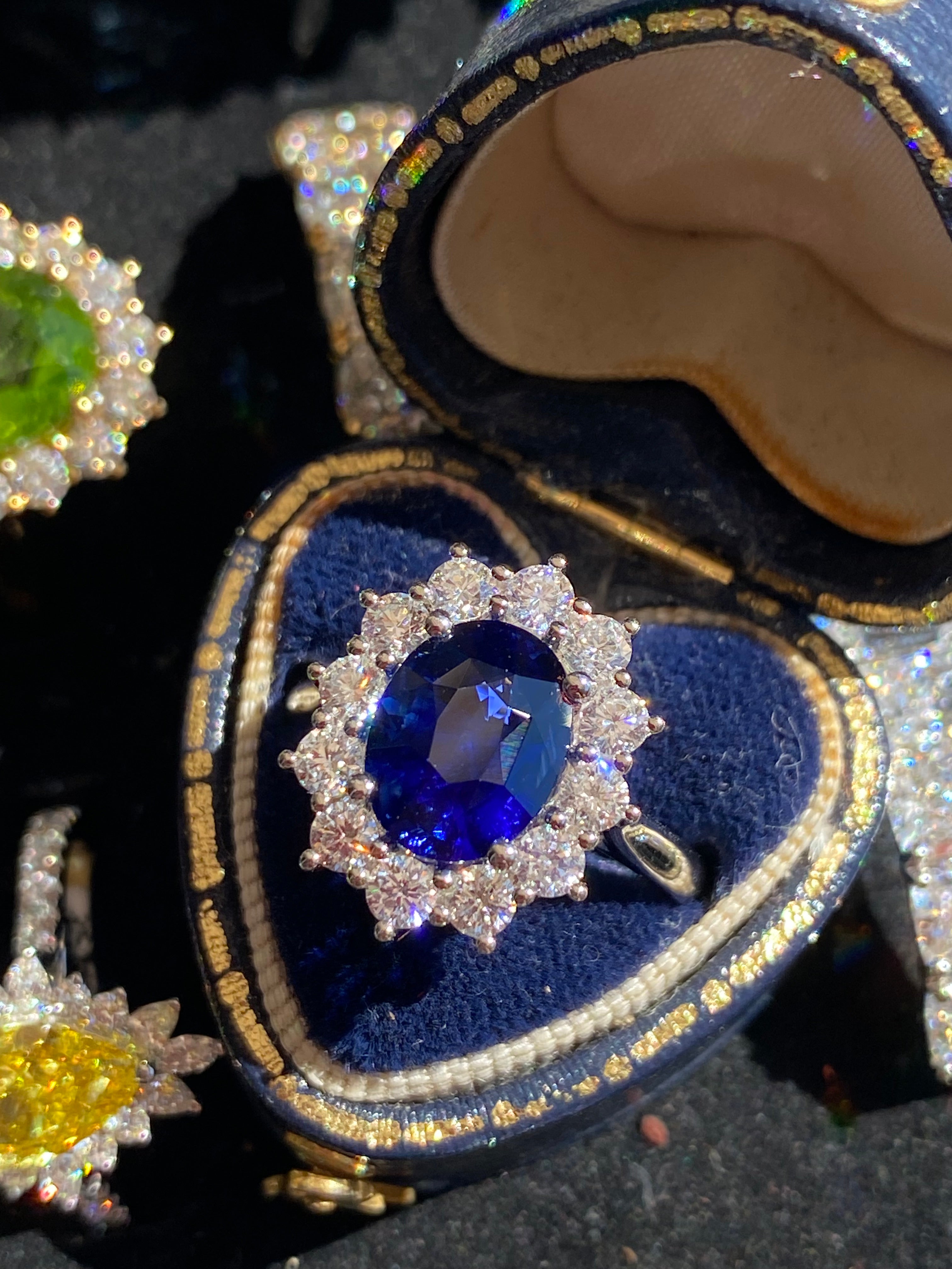 6.37 Carat Gubelin Certed Blue Ceylon Sapphire and 1.80 CTW Natural Diamond Halo Ring in Platinum