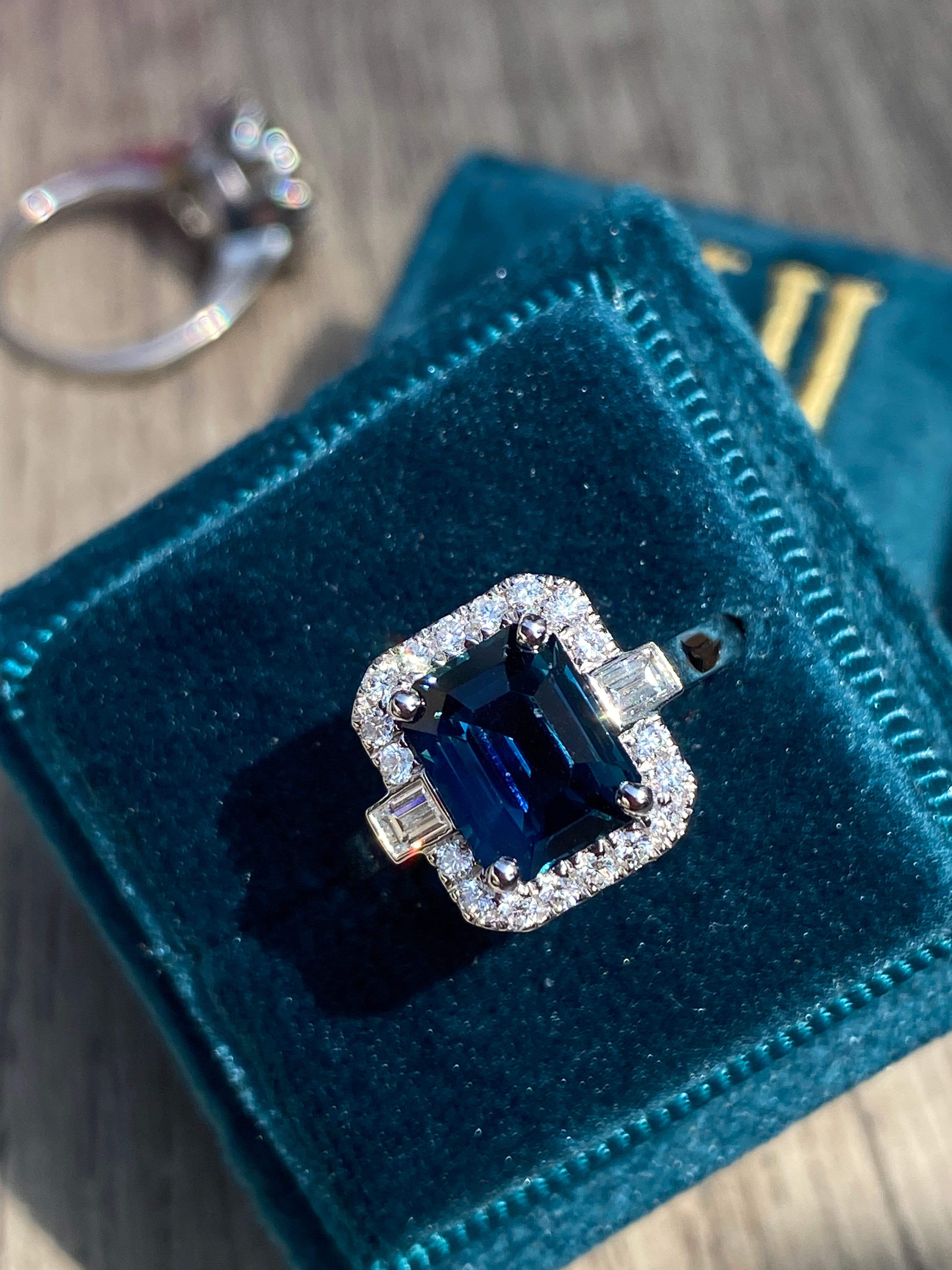 2.52 Carat Emerald Cut Teal Sapphire and Natural Diamond Halo Ring in Platinum