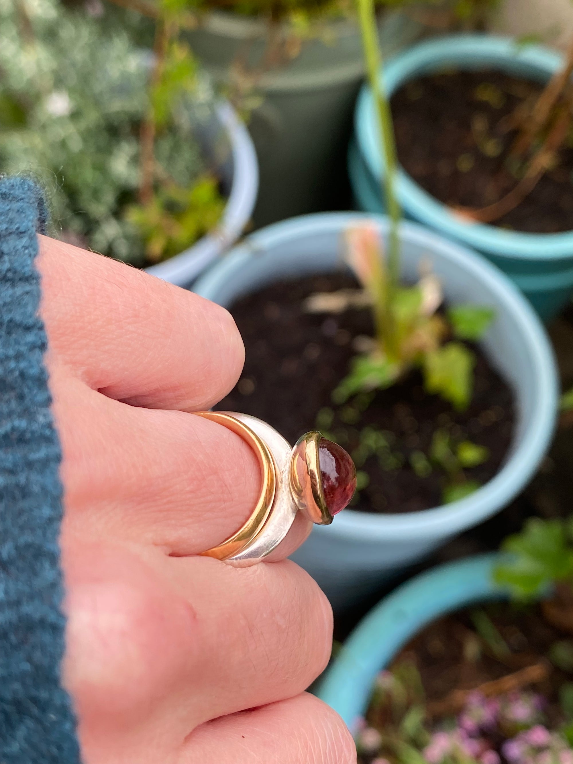 Cabochon Cut Pink Tourmaline Ring in Sterling Silver and 18ct Yellow Gold