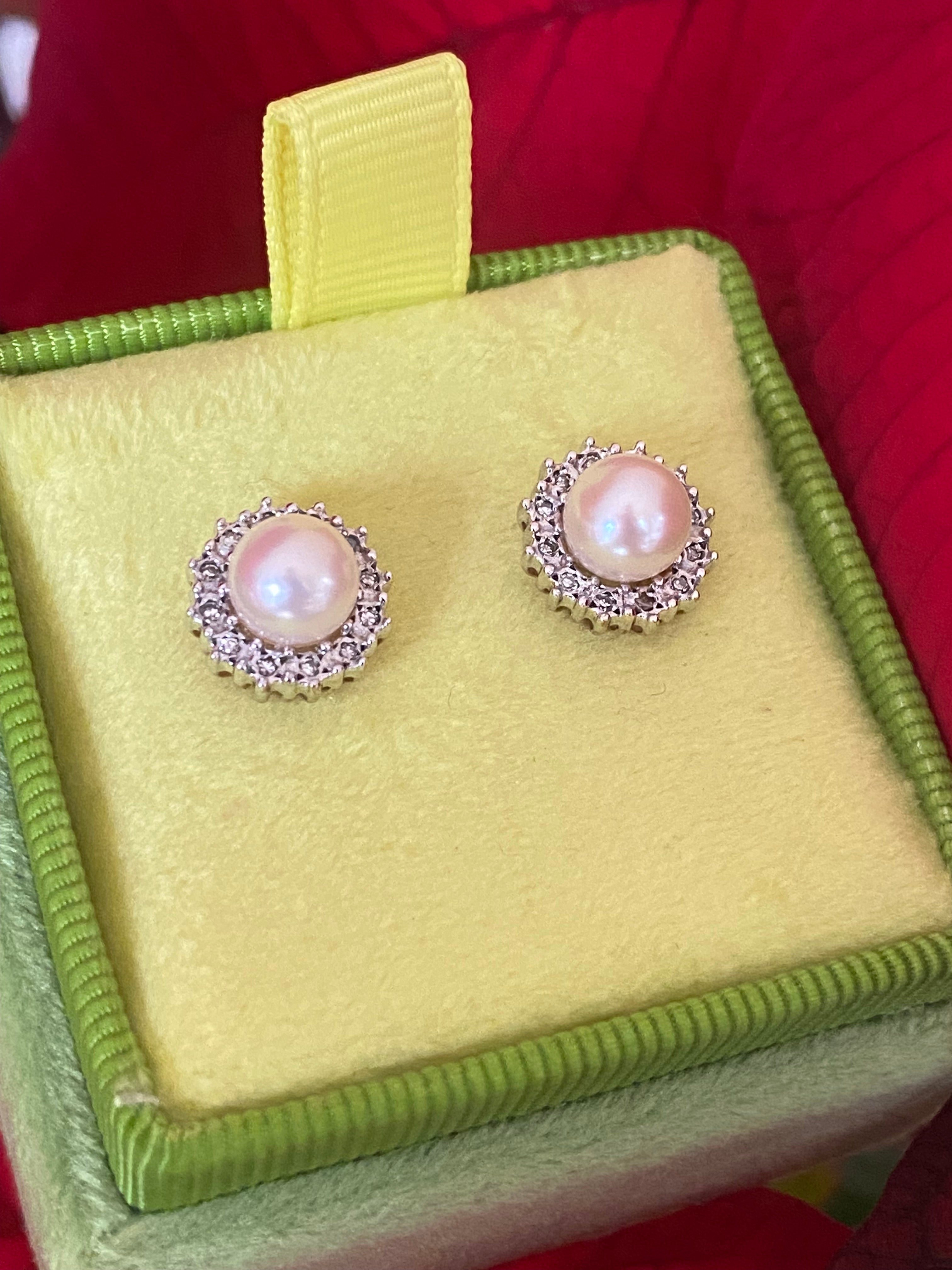 Vintage Pearl and Natural Diamond Stud Earrings in 9ct Yellow Gold