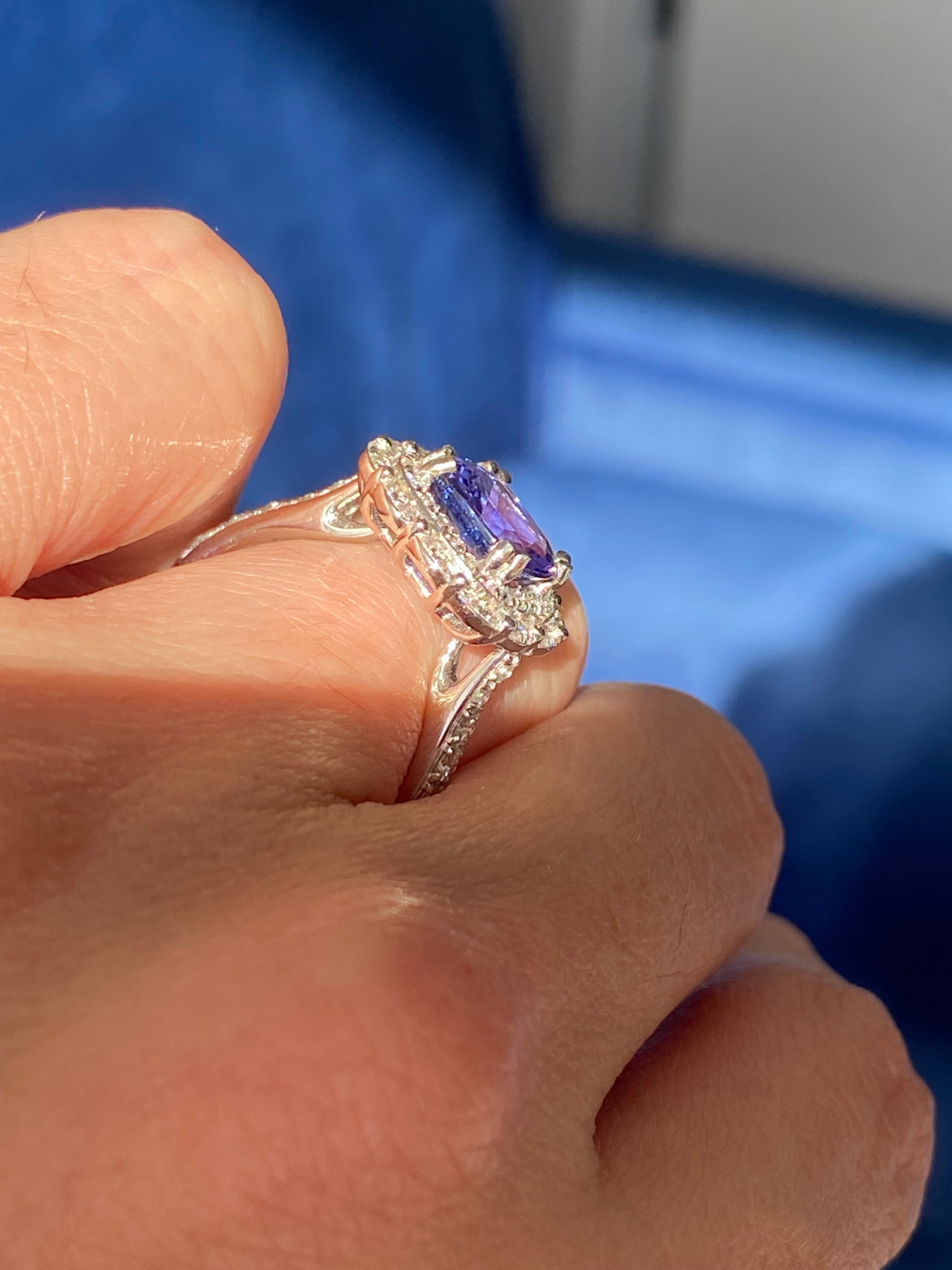 2.36 Carat Cushion Cut Tanzanite and 0.71 ctw Natural Diamond Ring in Platinum