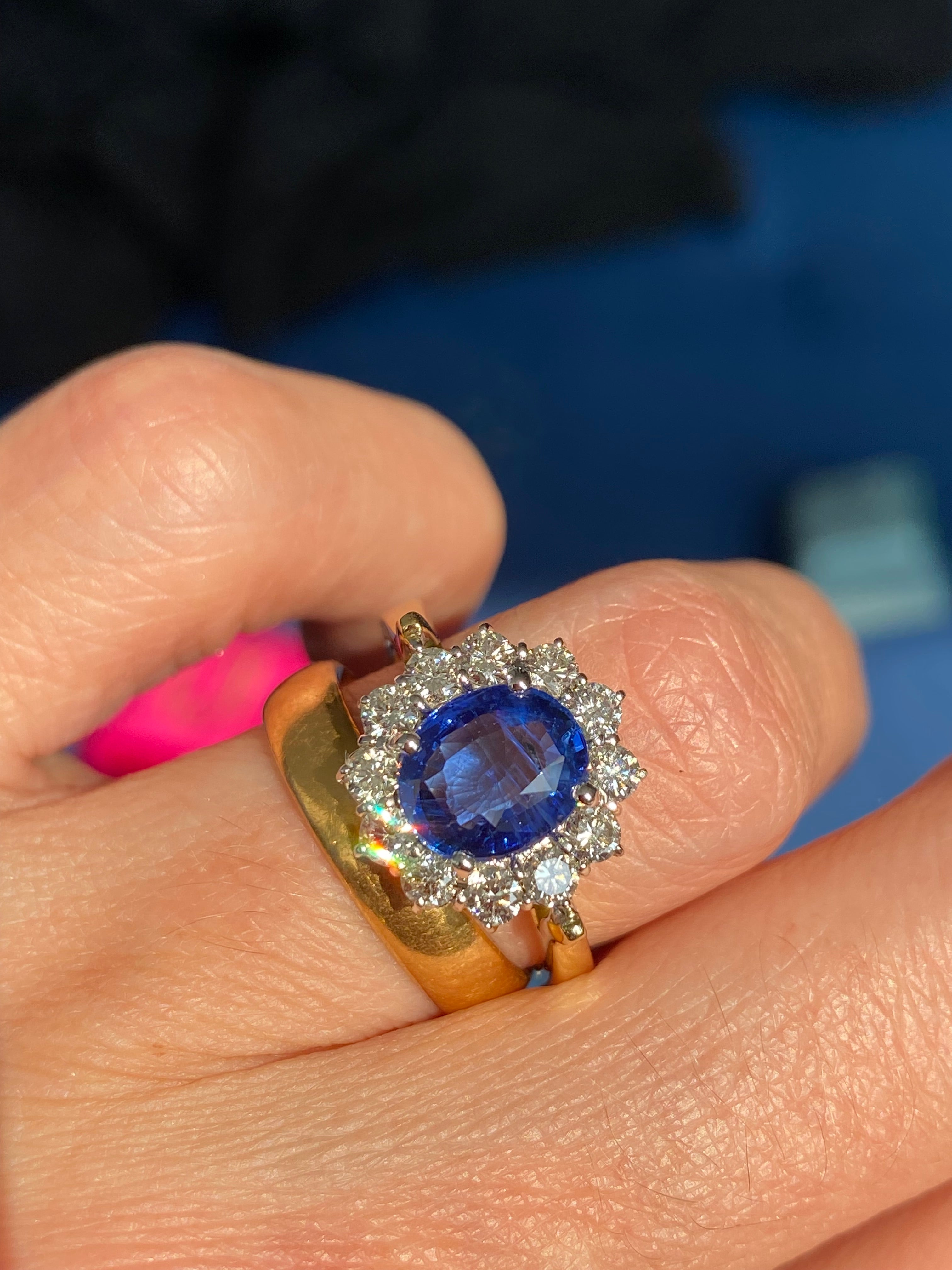 3.31 CTW Ceylon Sapphire and Natural Diamond Halo Ring in 18ct Gold