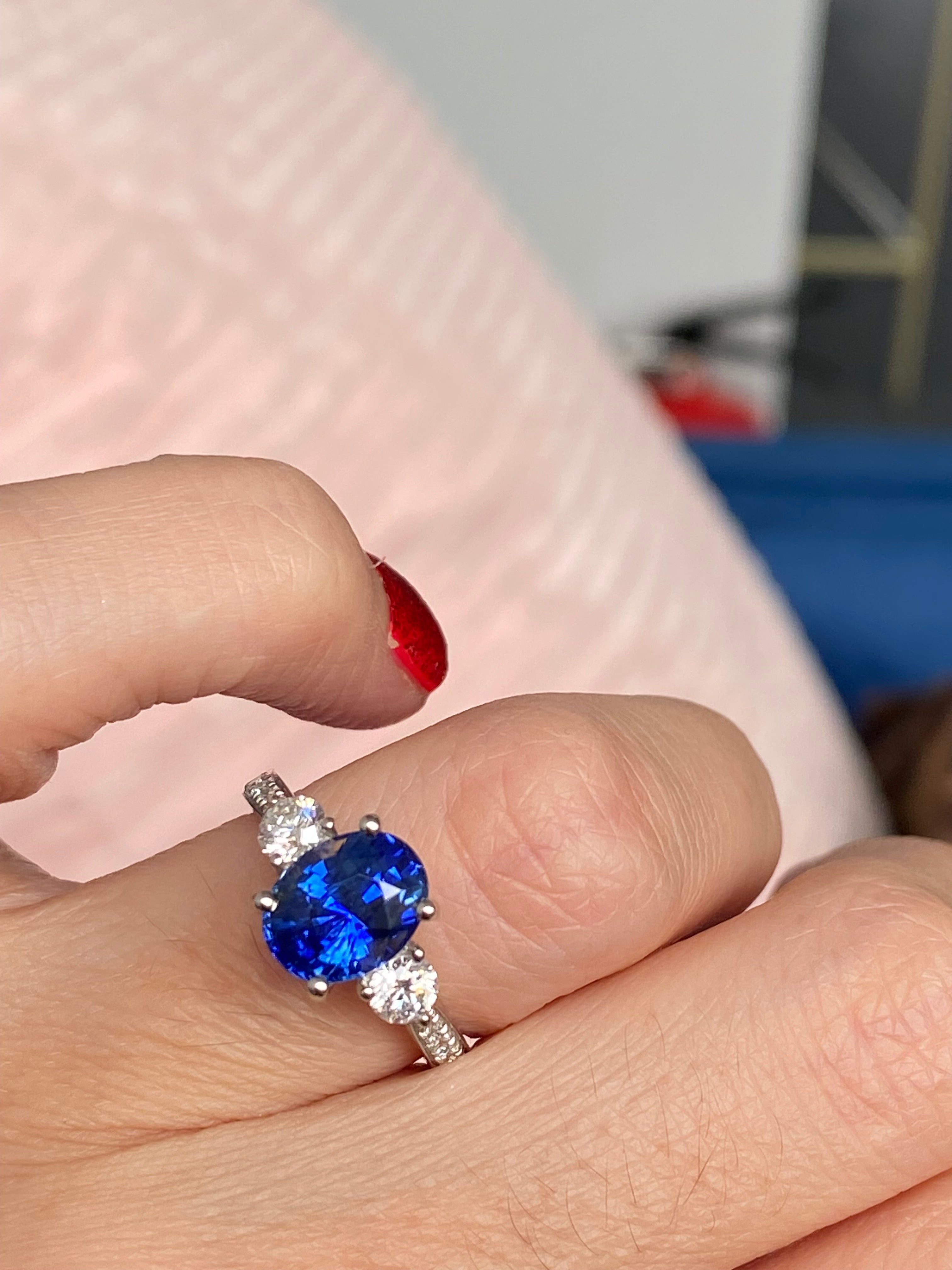 3.68 CTW Blue Ceylon Sapphire and Natural Diamond Three Stone Engagement Ring in Platinum
