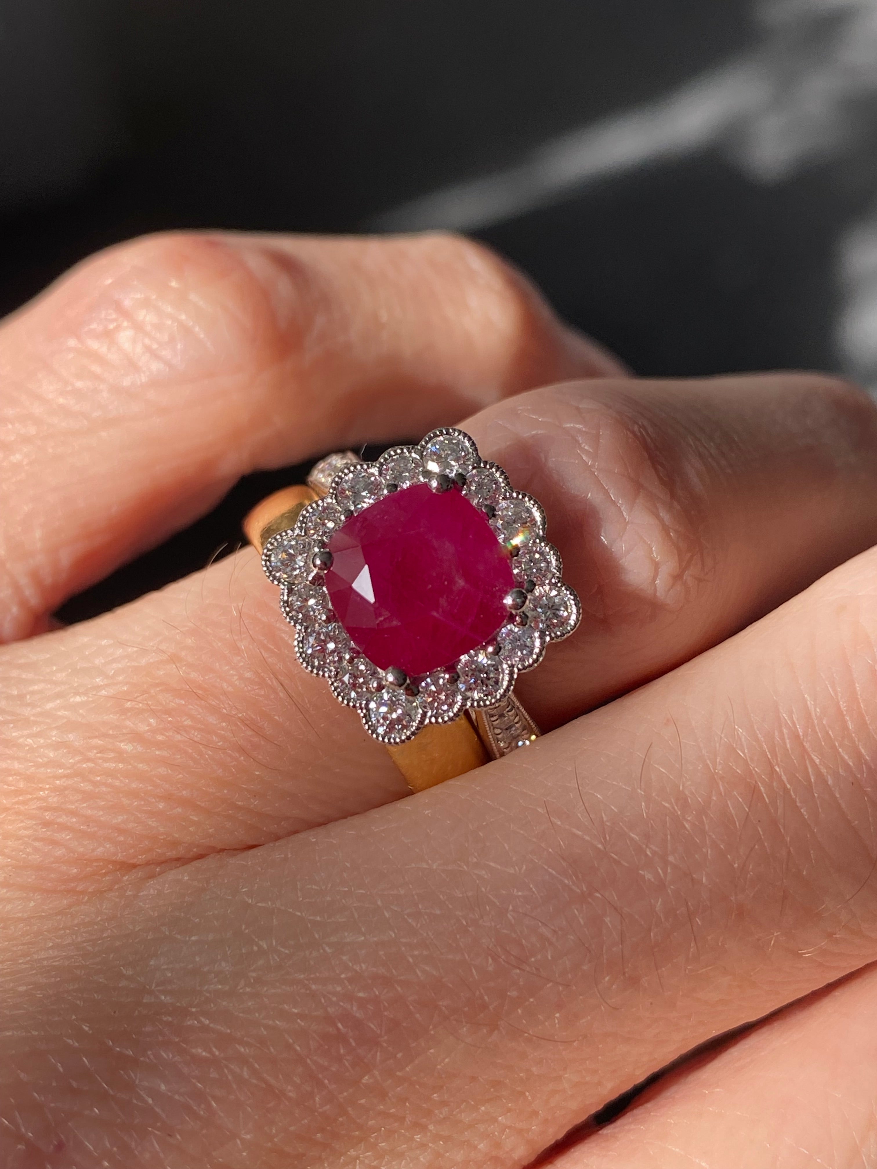 3.29 Carat Cushion-Cut Ruby and 0.78 ctw Natural Diamond Halo Ring in Platinum