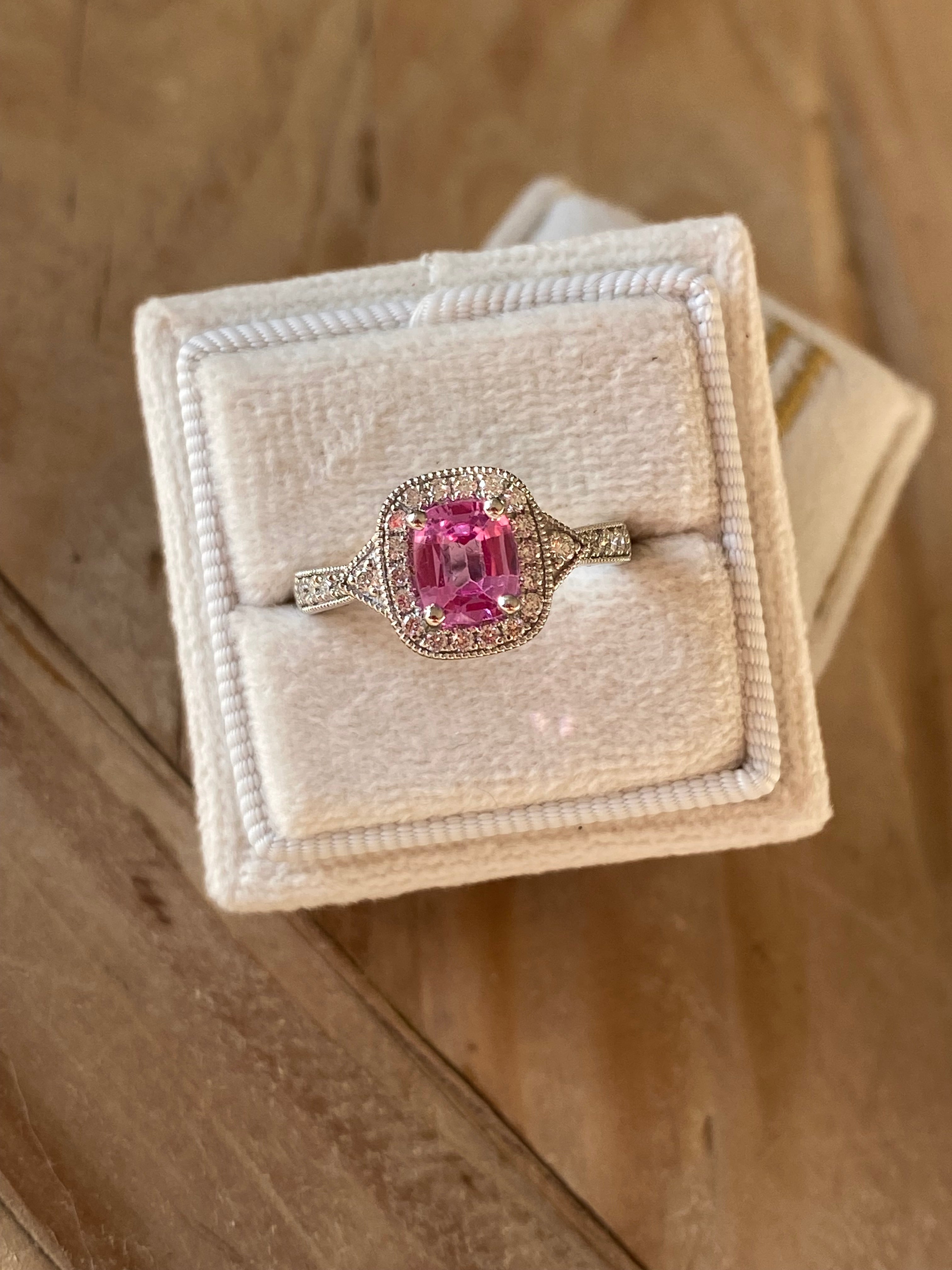 0.98 Carat Cushion Cut Pink Sapphire and 0.28 CTW Natural Diamond Halo Ring in Platinum