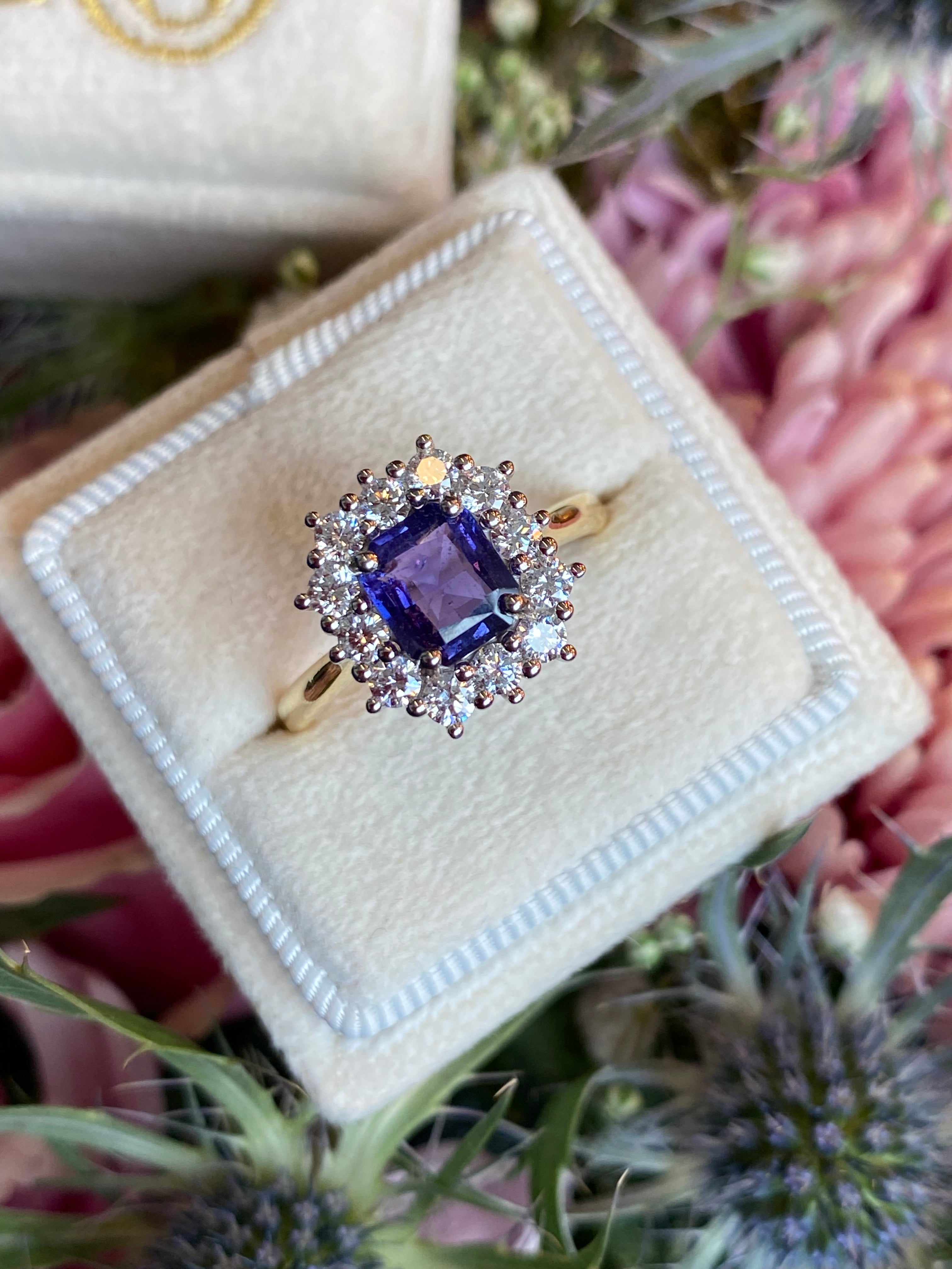 1.31 Carat Purple Sapphire and 0.60ctw Natural Diamond Halo Ring in Platinum and 18ct Gold
