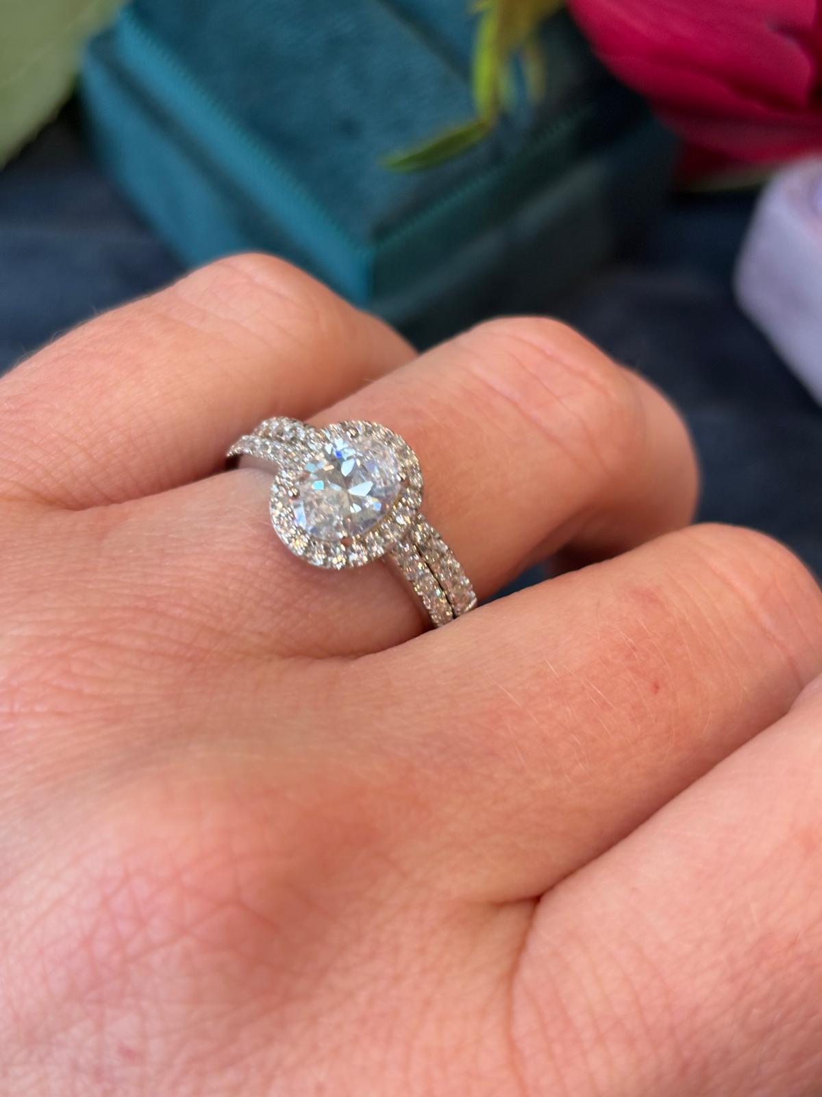 Oval Cut Moissanite Halo Engagement and Wedding / Eternity Ring Set in Sterling Silver