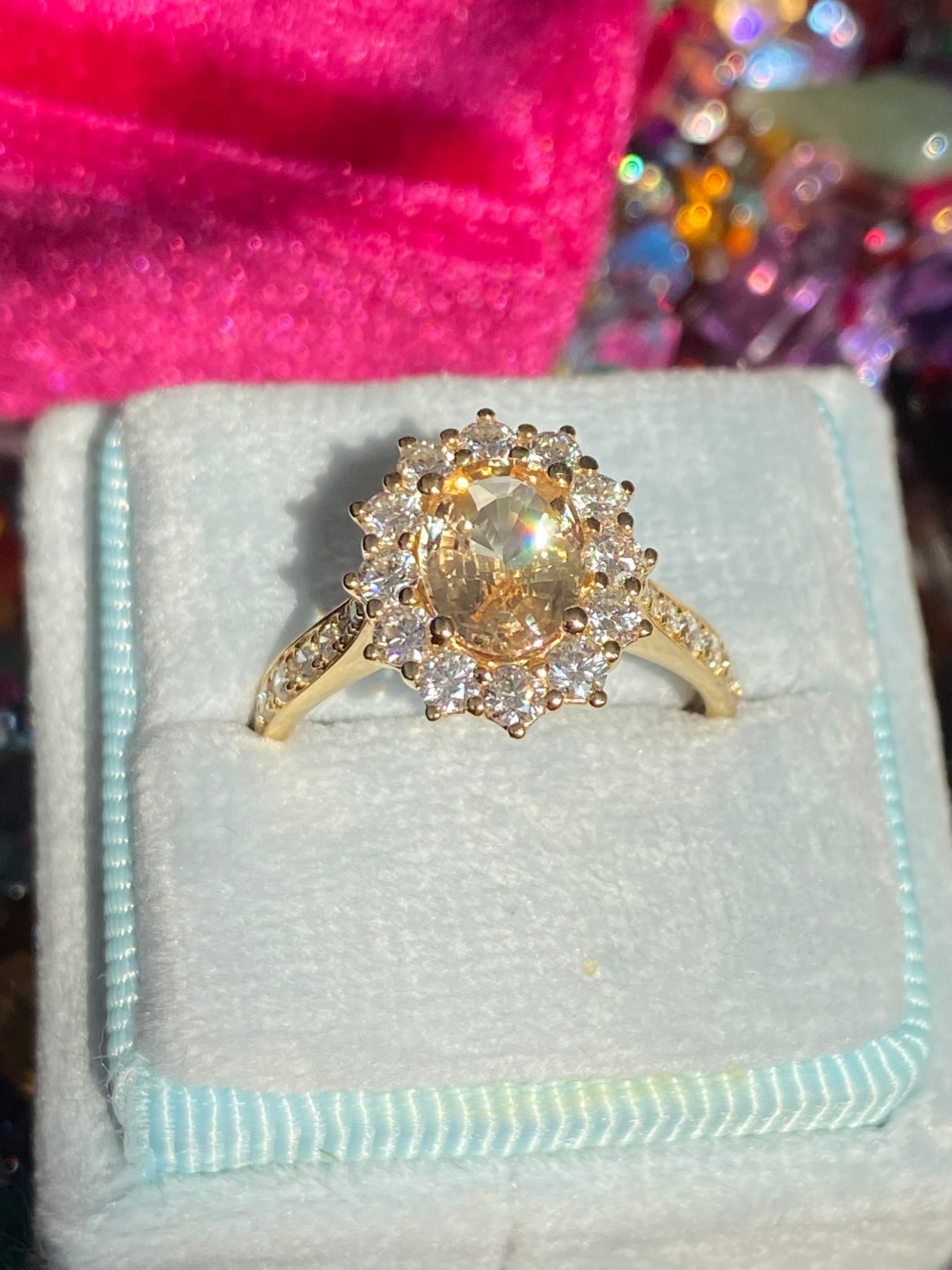 2.24 CTW Peach Sapphire and Natural Diamond Halo Ring in 18ct Yellow Gold