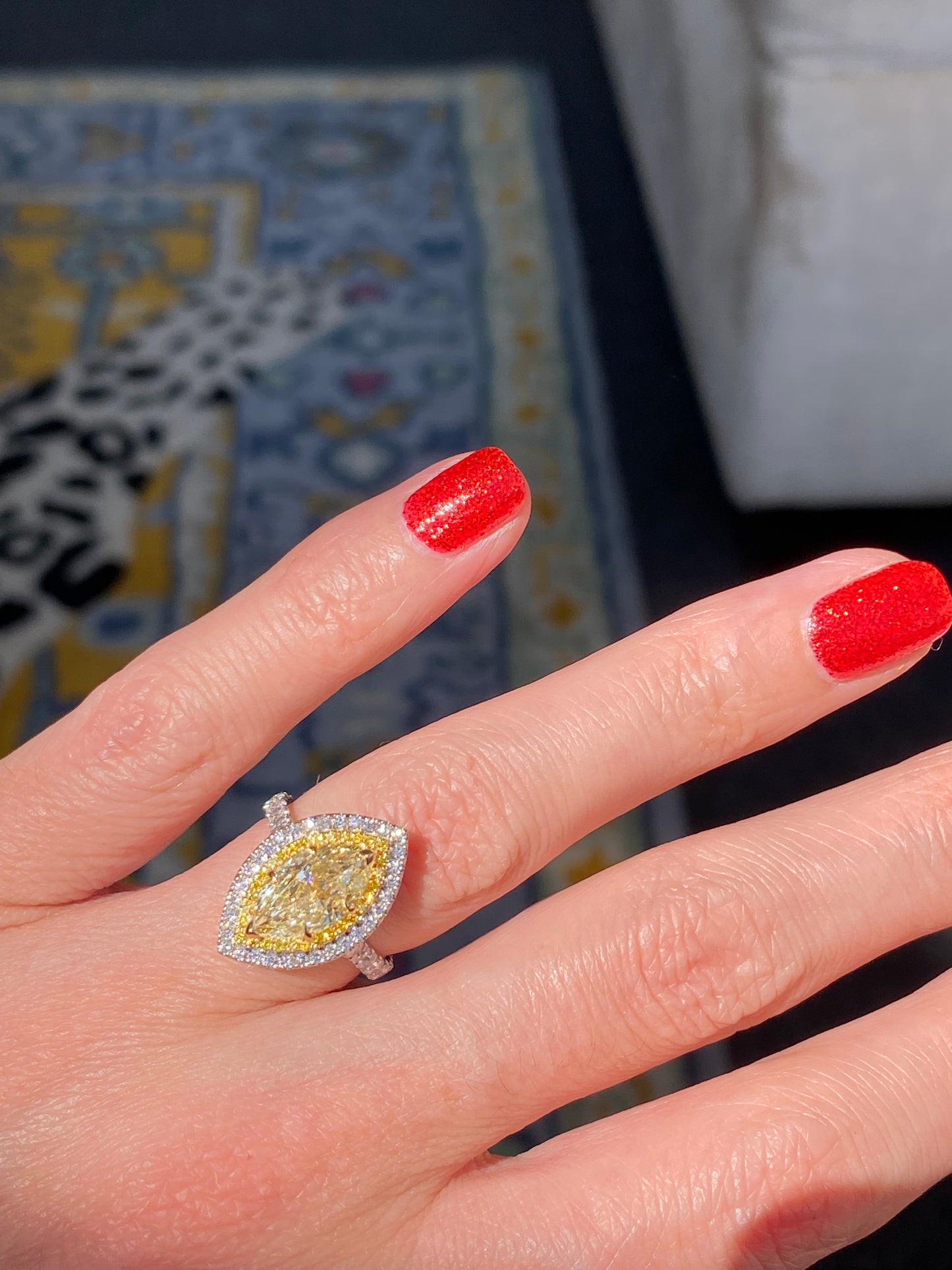 3.21 ctw Marquise Cut Natural Yellow Diamond Engagement Ring in Platinum and 18ct Yellow Gold
