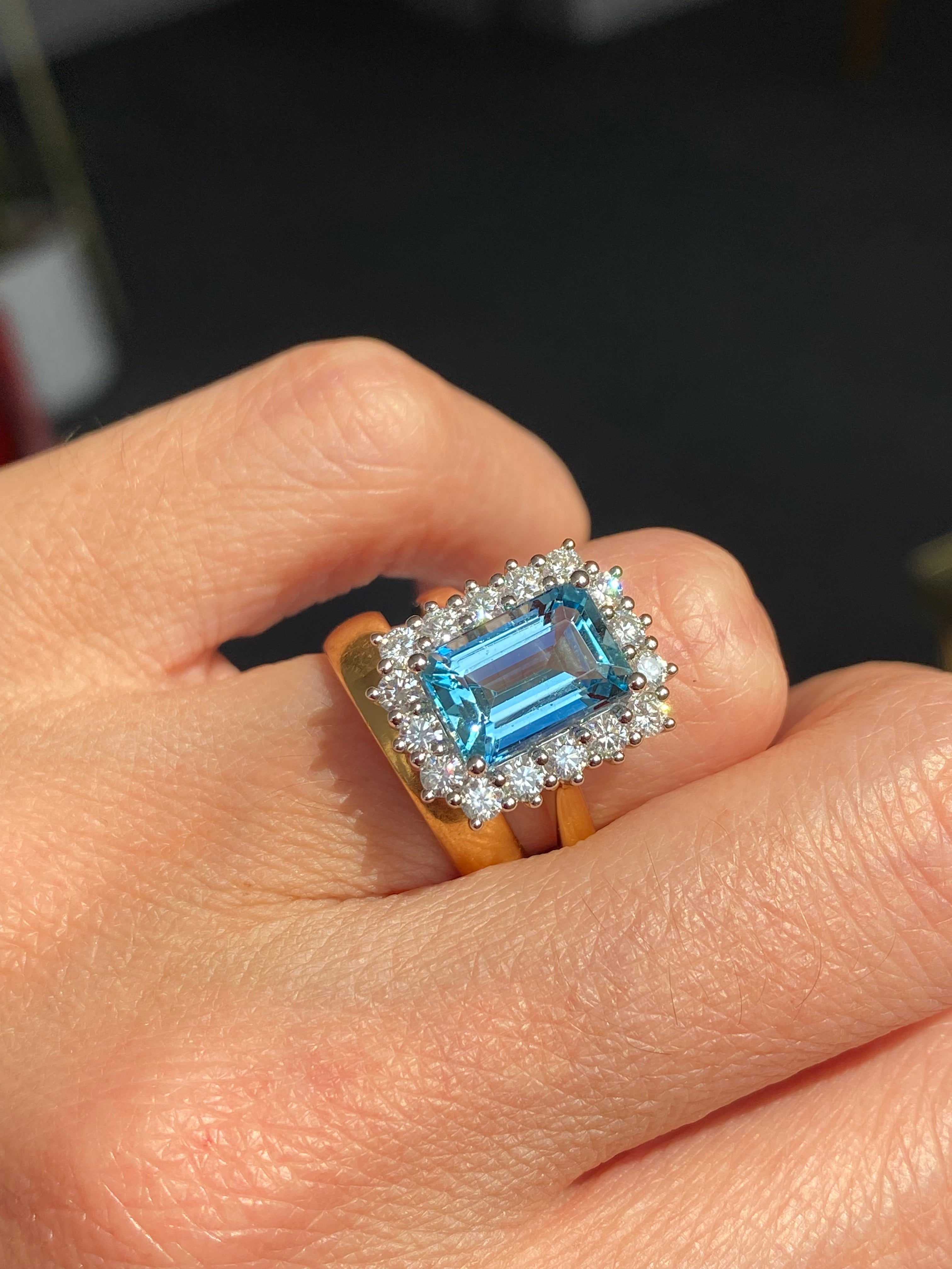3.05 Carat Aquamarine and 0.89ctw Natural Diamond Halo Ring in Platinum and 18ct Yellow Gold