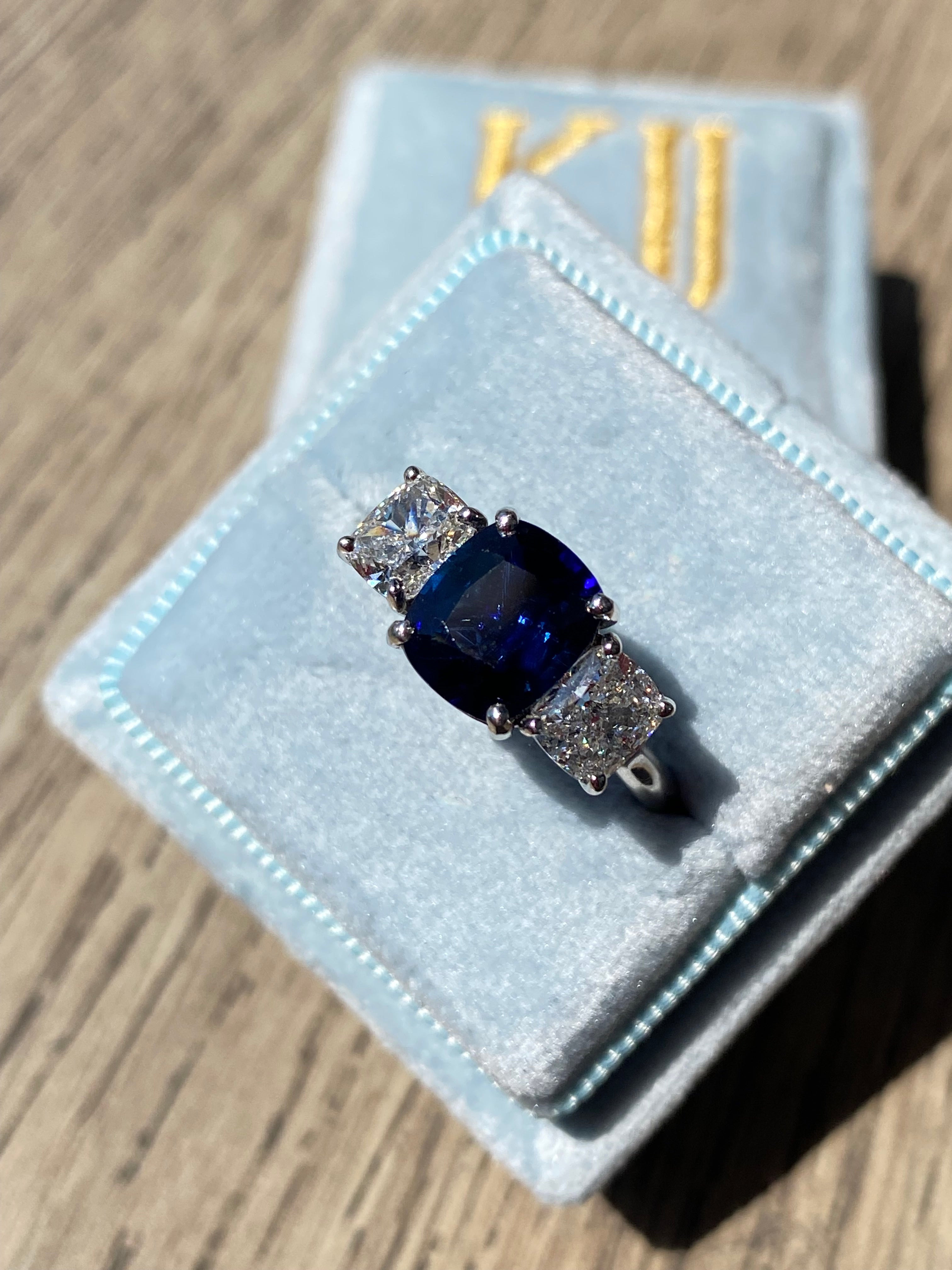 3.31 CTW Blue Ceylon Sapphire and Natural Diamond Three Stone Engagement Ring in Platinum