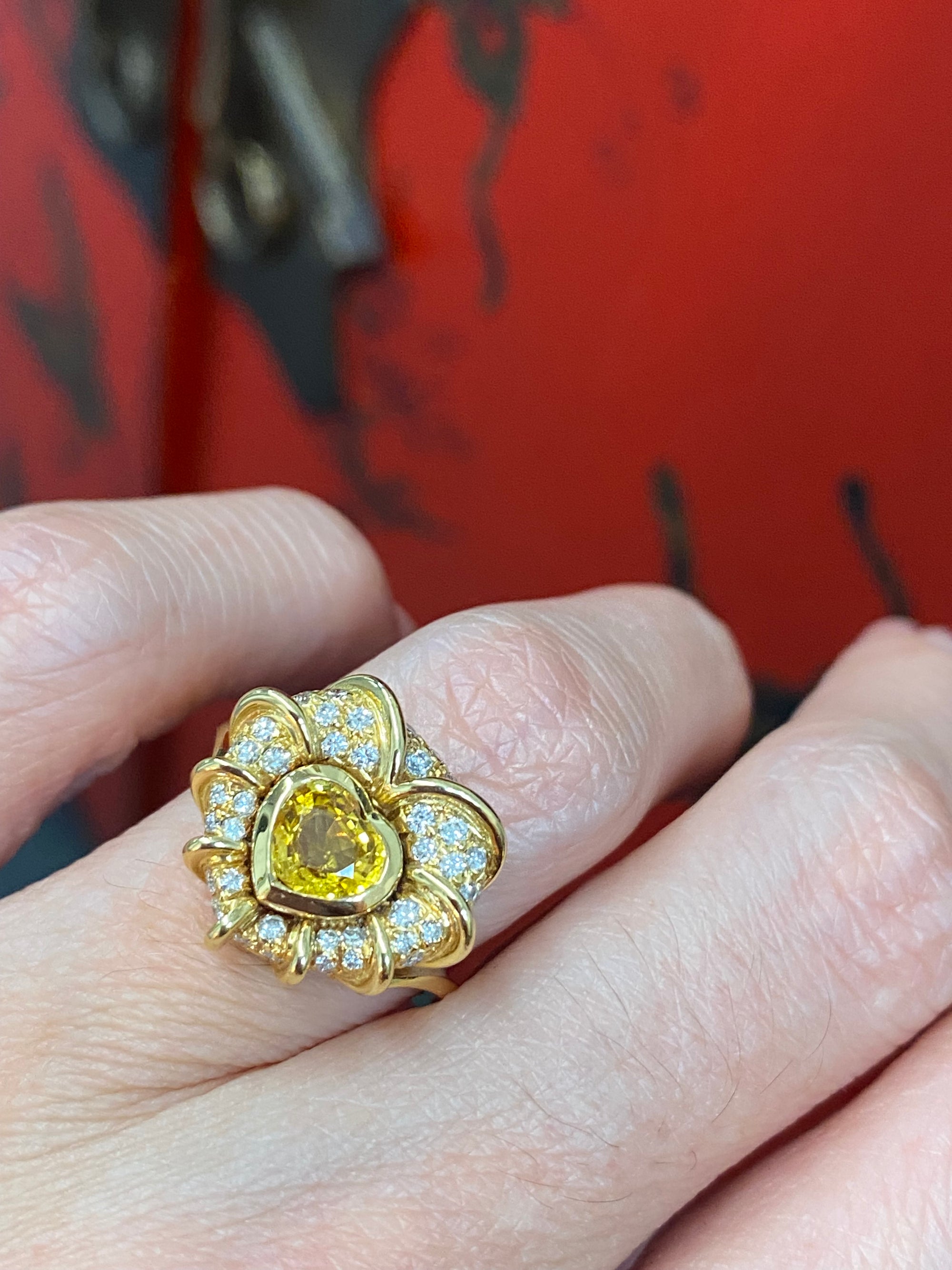 Vintage Yellow Sapphire and Natural Diamond Halo Ring in 18ct Yellow Gold