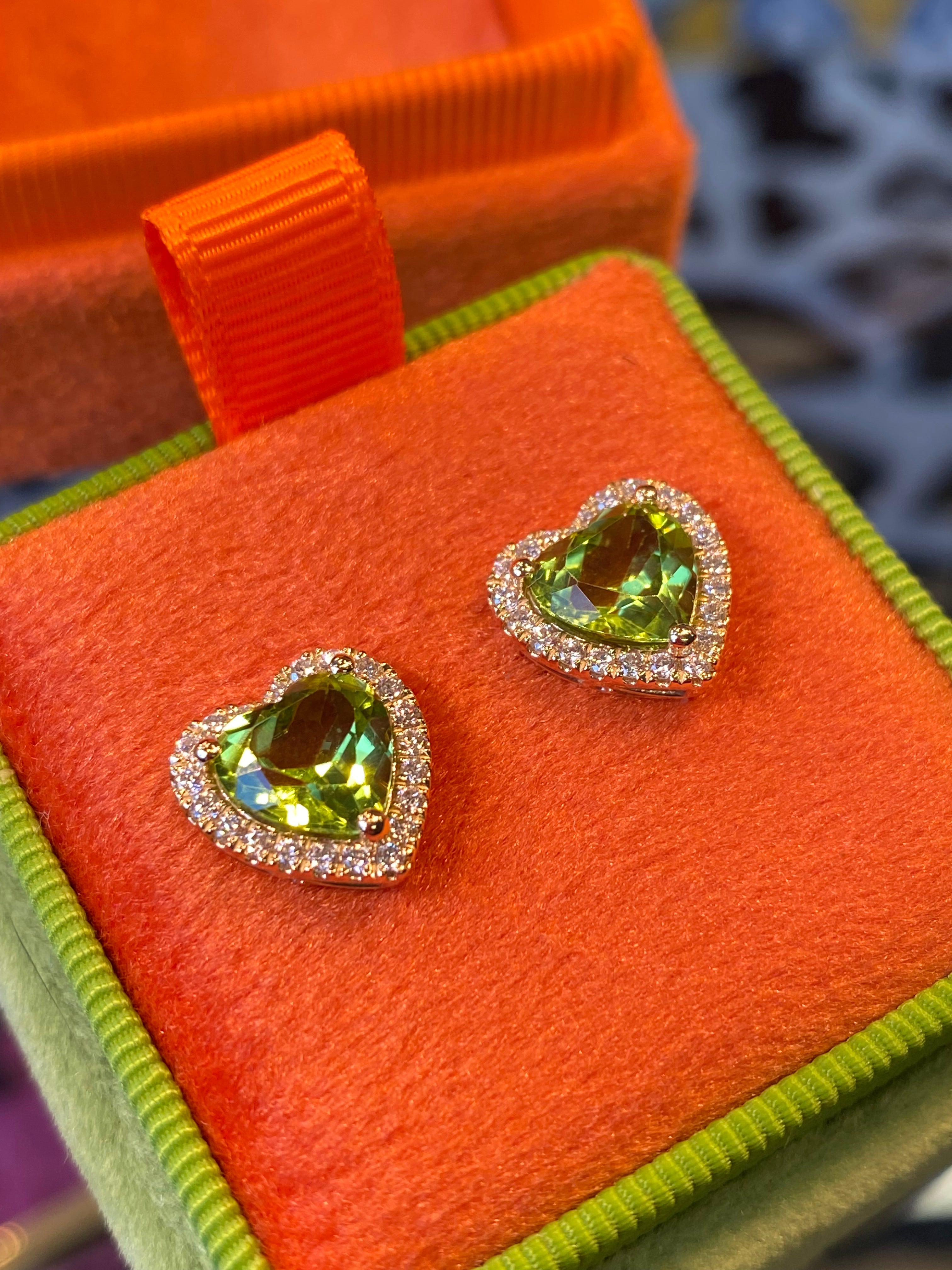 Beautiful Heart Shaped Peridot and Natural Diamond Stud Earrings in 9ct Yellow Gold