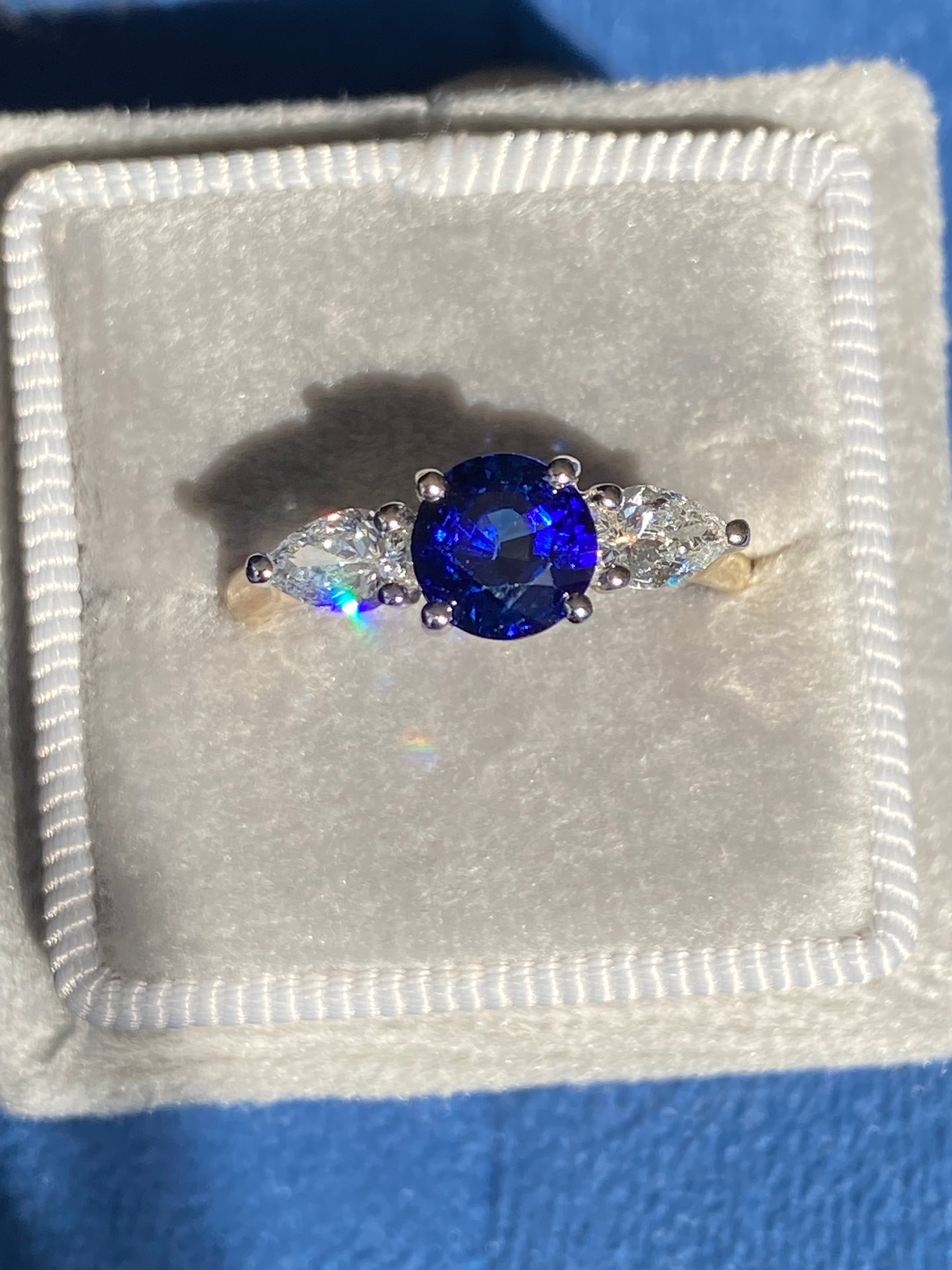 1.52 CTW Blue Ceylon Sapphire and Natural Diamond Three Stone Engagement Ring in Platinum and 18ct Yellow Gold