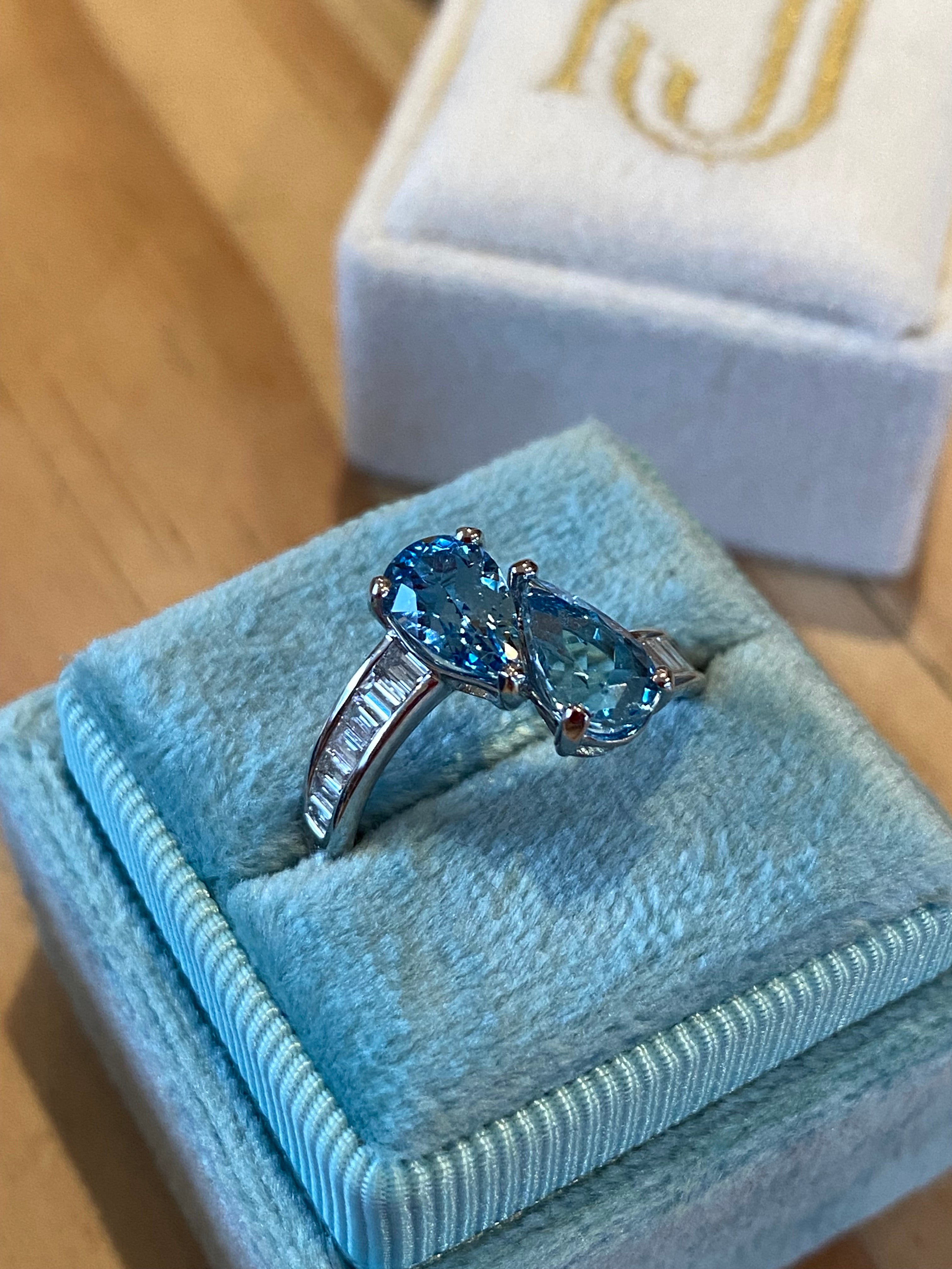 2.01 CTW Pear Cut Aquamarine and Natural Diamond Toi et Moi Ring in Platinum