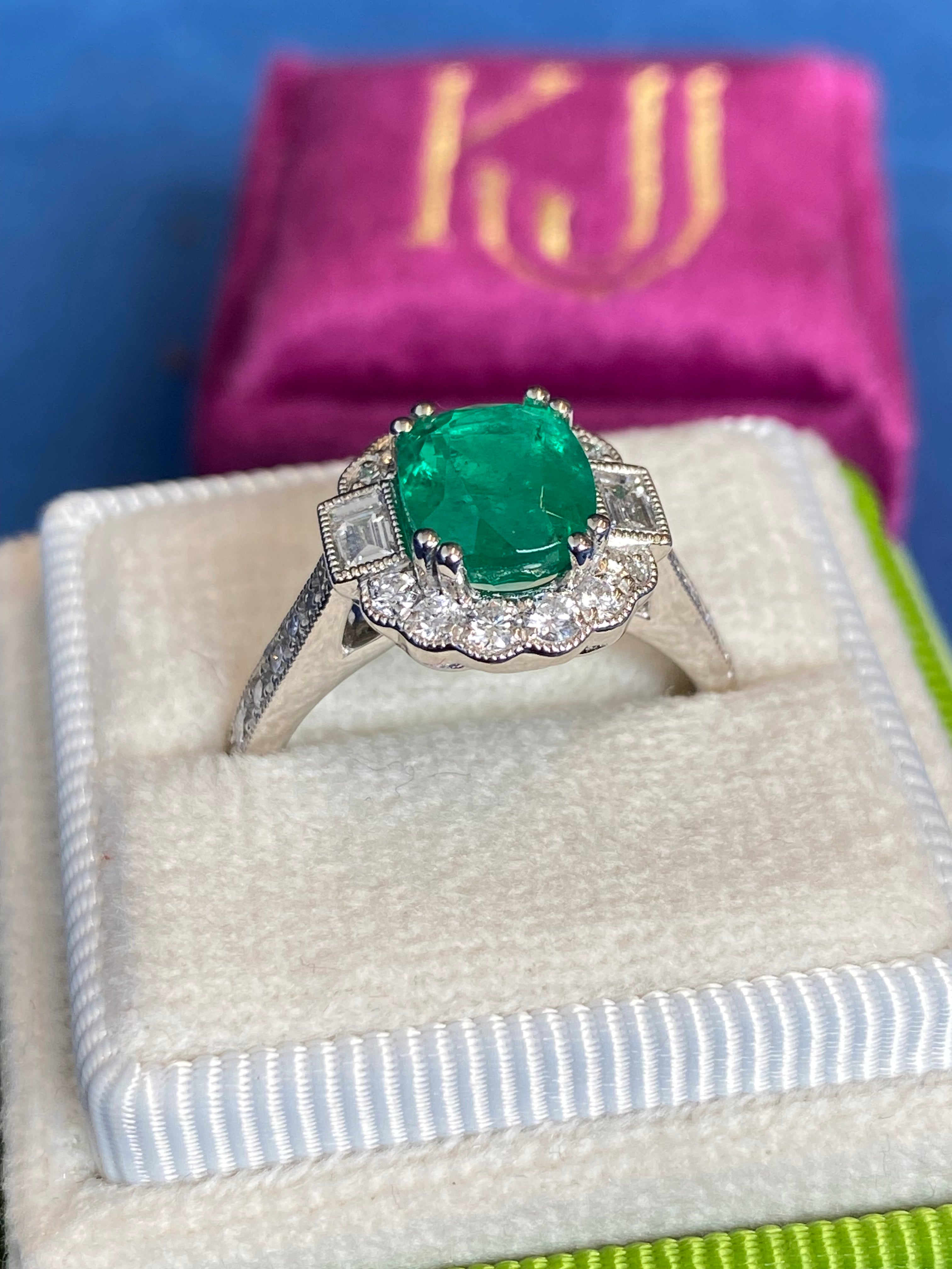 2.02 Carat Cushion Cut Emerald and 0.65 CTW Natural Diamond Halo Ring in Platinum