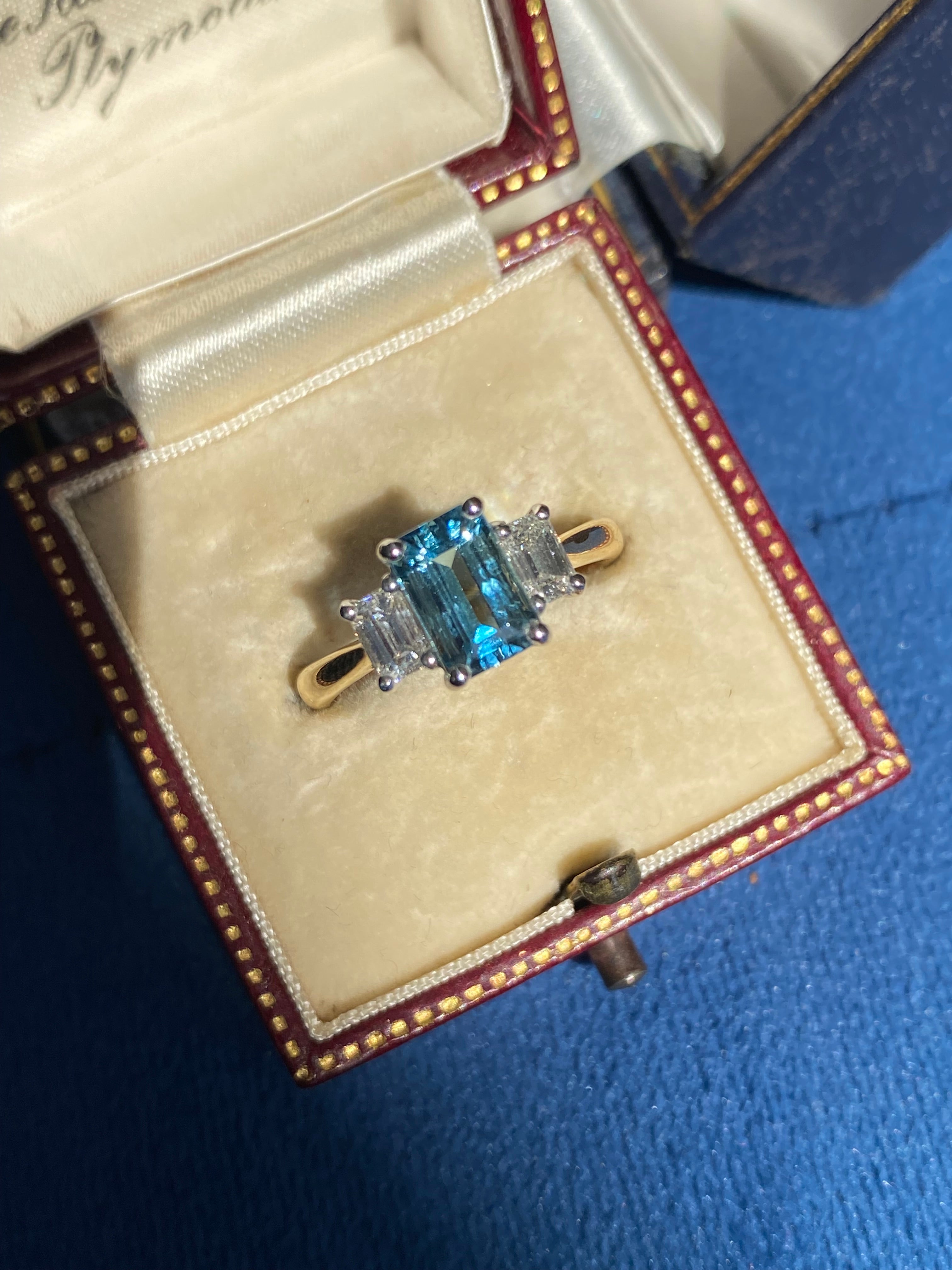 1.73 CTW Aquamarine and Natural Diamond Three Stone Ring in Platinum and 18ct Yellow Gold