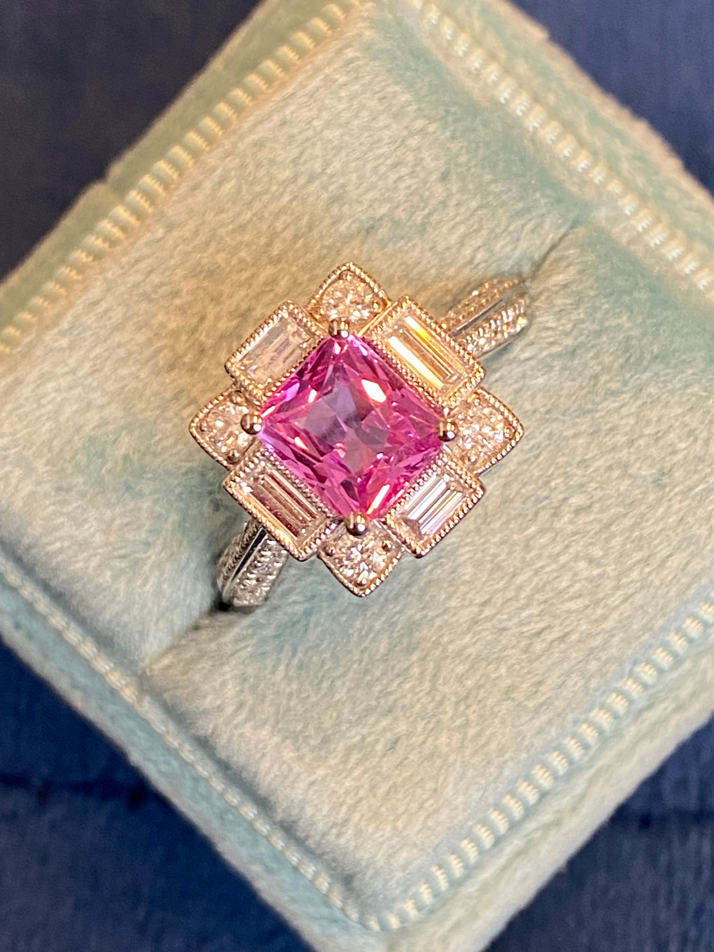 Candy Pink Sapphire Art Deco Style Ring in Platinum