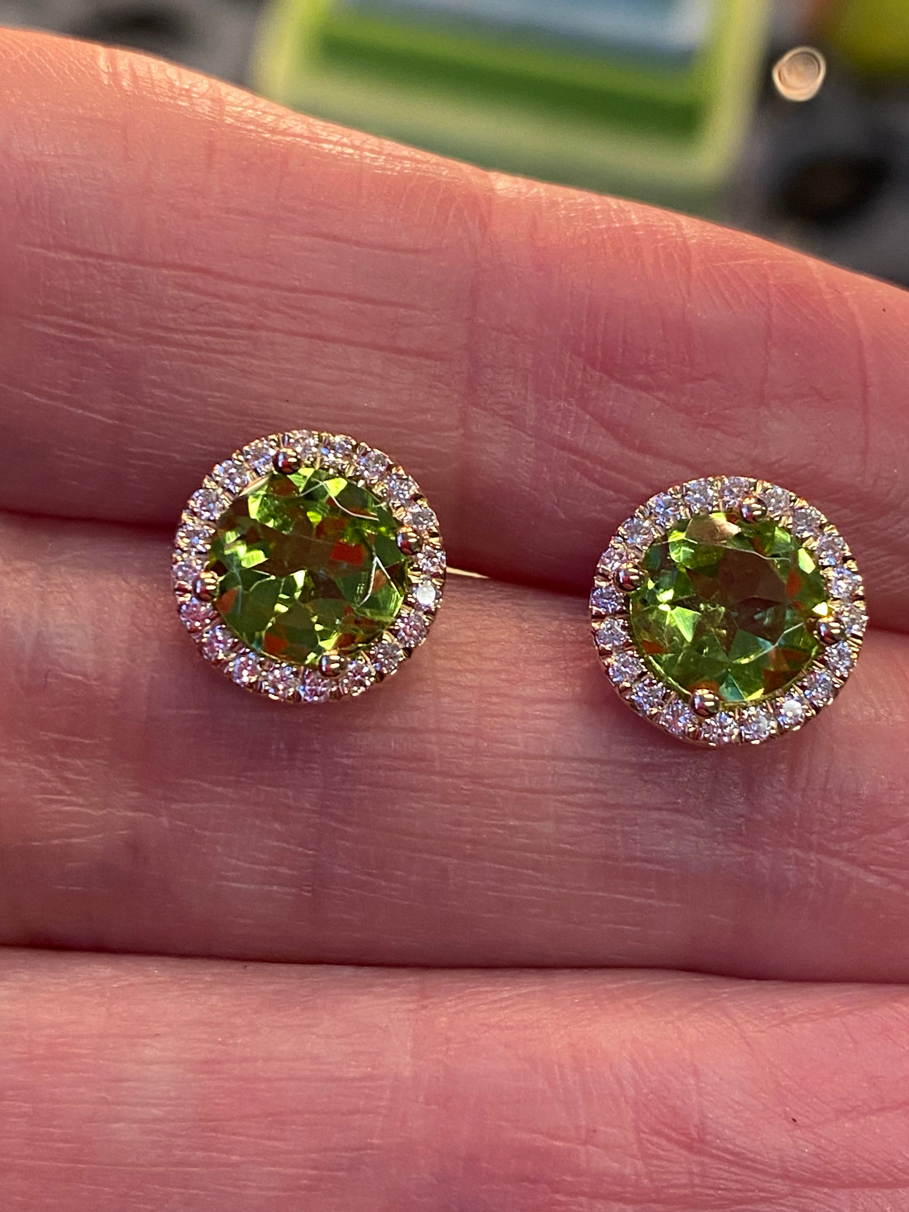 Round Cut Peridot and Natural Diamond Stud Earrings in 9ct Yellow Gold