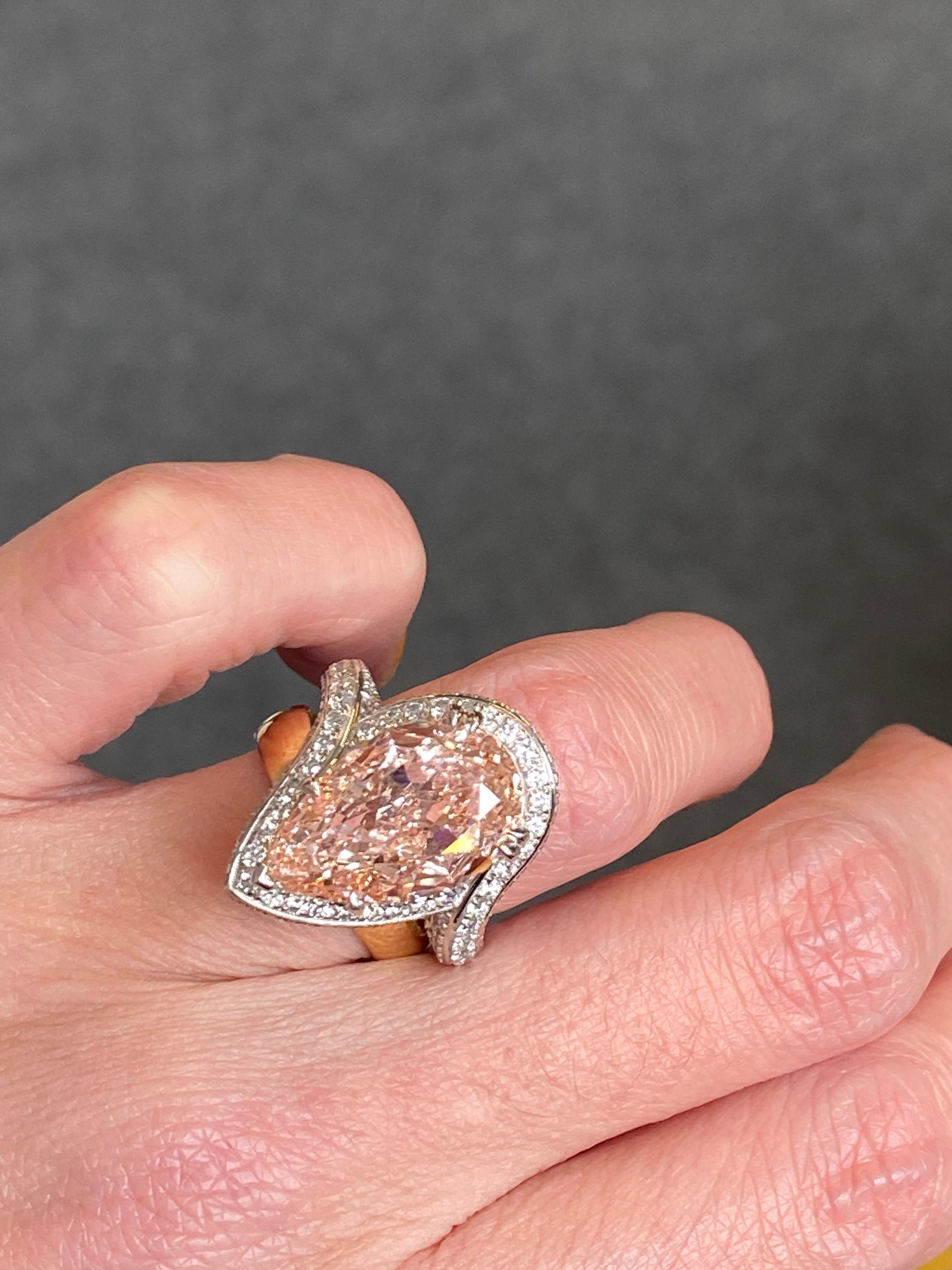 10.45 Carat Fancy Pink Pear Cut + 1.35ctw Lab Diamond Engagement Ring in Platinum