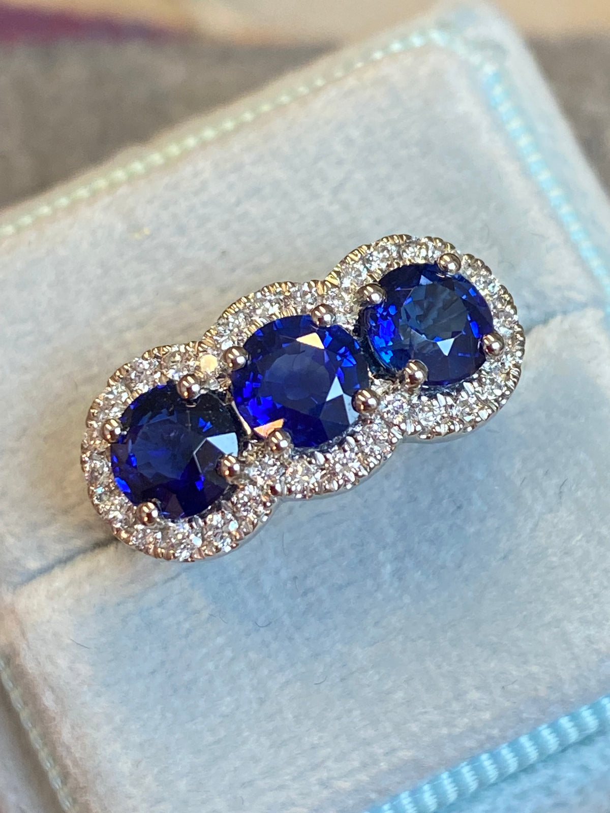 2.74 CTW Round Cut Blue Sapphire and Diamond Trilogy Ring in Platinum