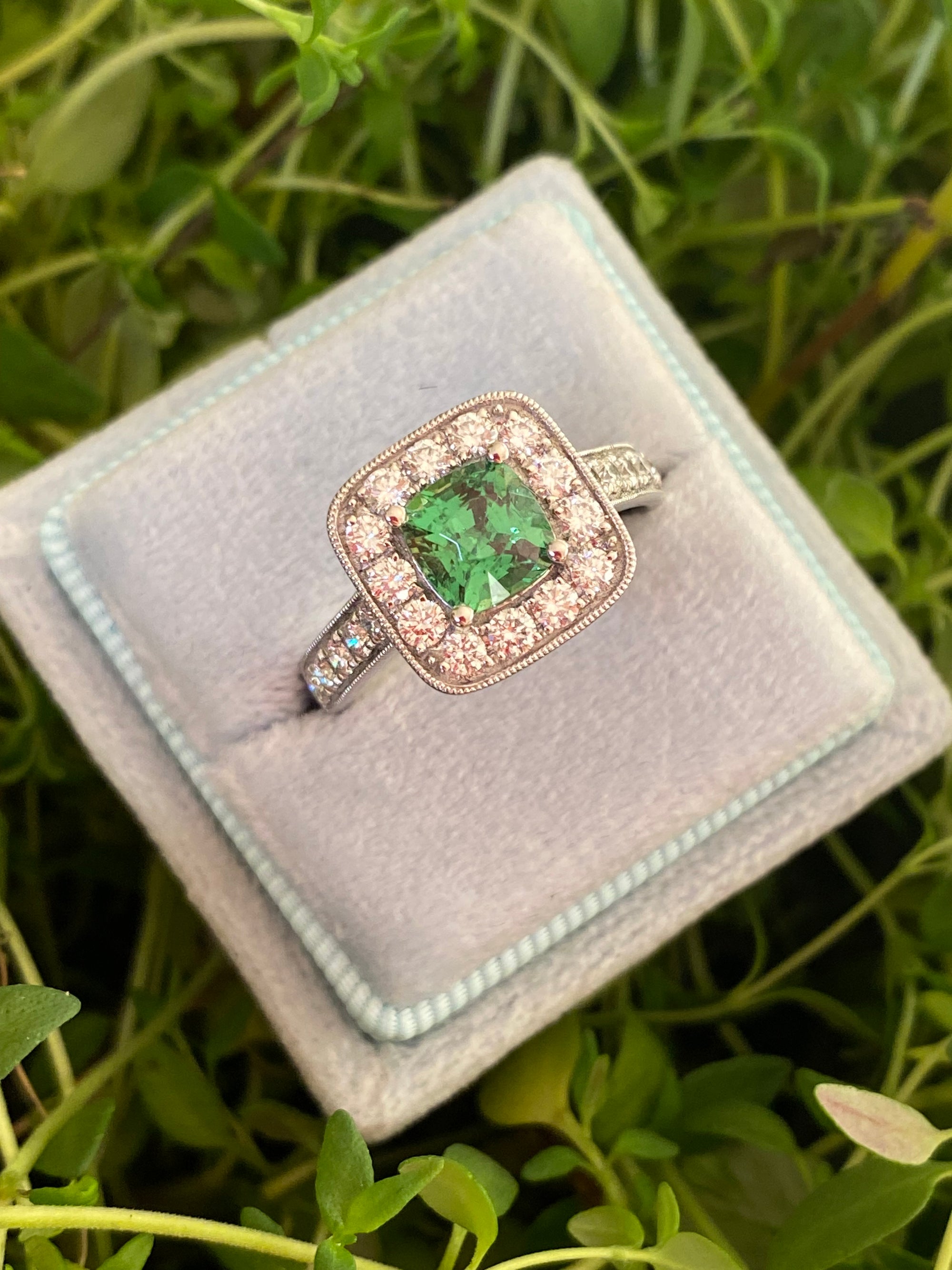 1.29 Carat Tsavorite Garnet and 0.72 Carat Diamond Halo Engagement Ring in Platinum