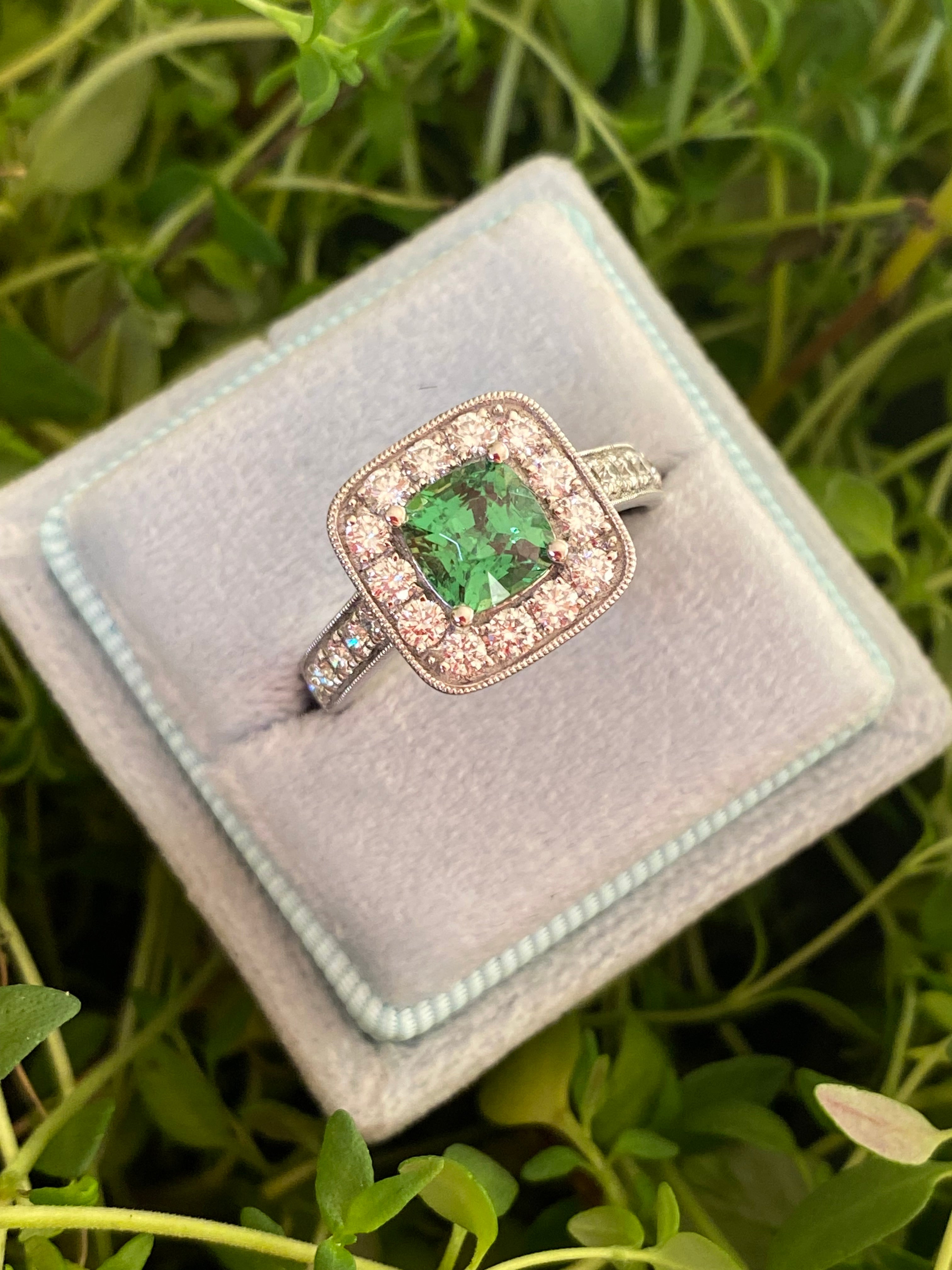 1.29 Carat Tsavorite Garnet and 0.72 Carat Diamond Halo Engagement Ring in Platinum